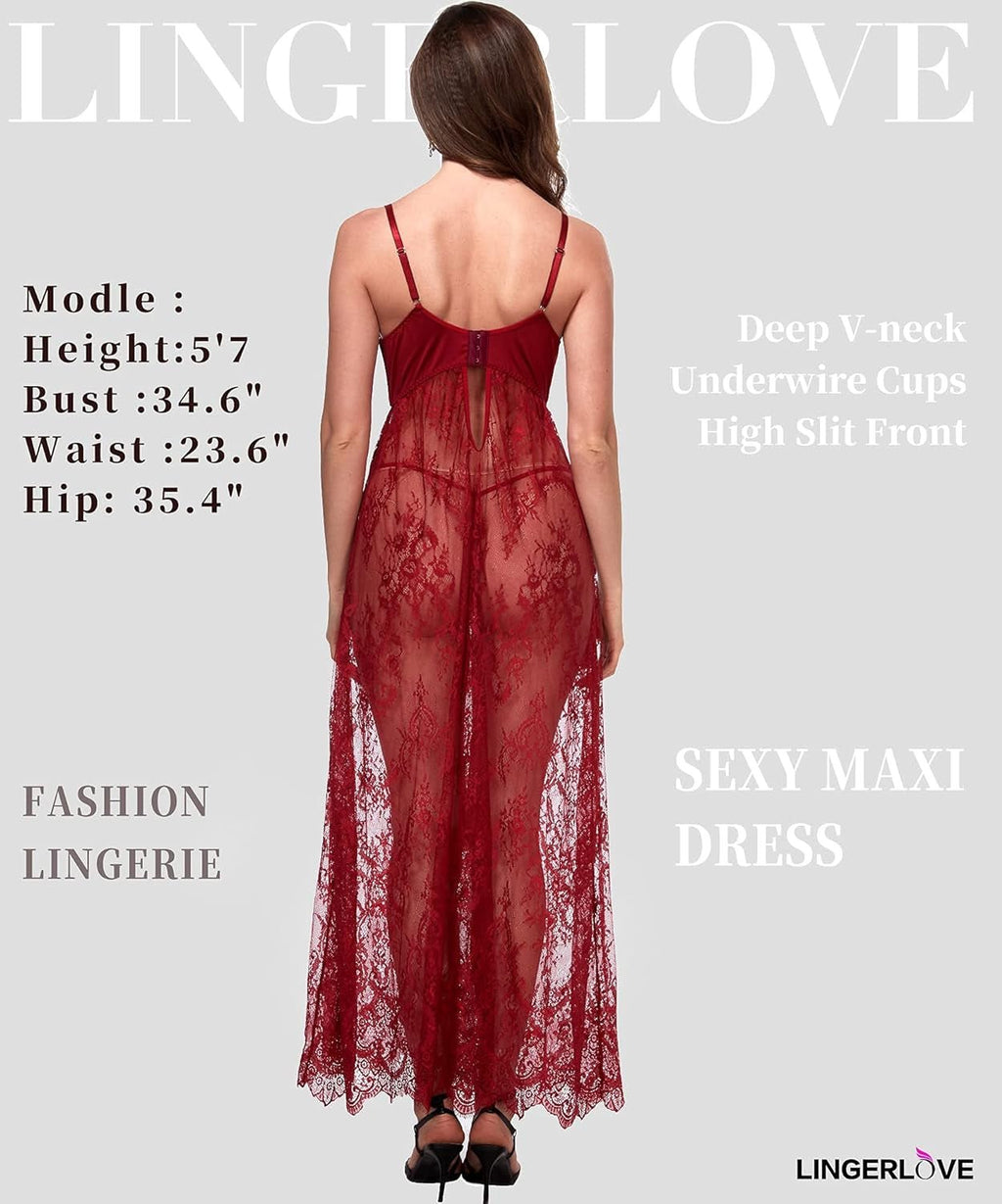 Lingerlove Women's Elegant Lace High Slit Maxi Gown with Underwire, Sheer Dress in Sizes S-4XL - thewrightstore