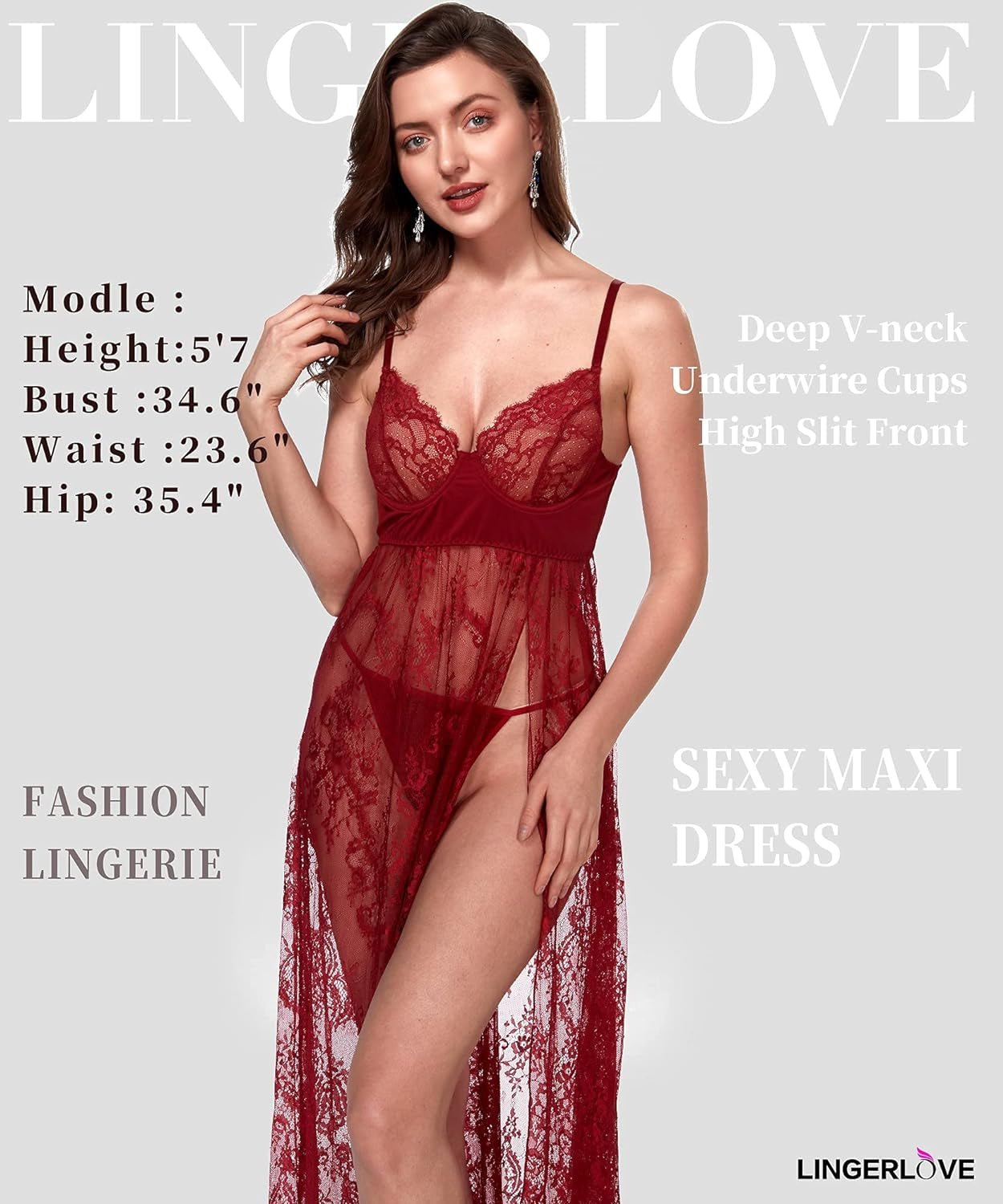 Lingerlove Women's Elegant Lace High Slit Maxi Gown with Underwire, Sheer Dress in Sizes S-4XL - thewrightstore
