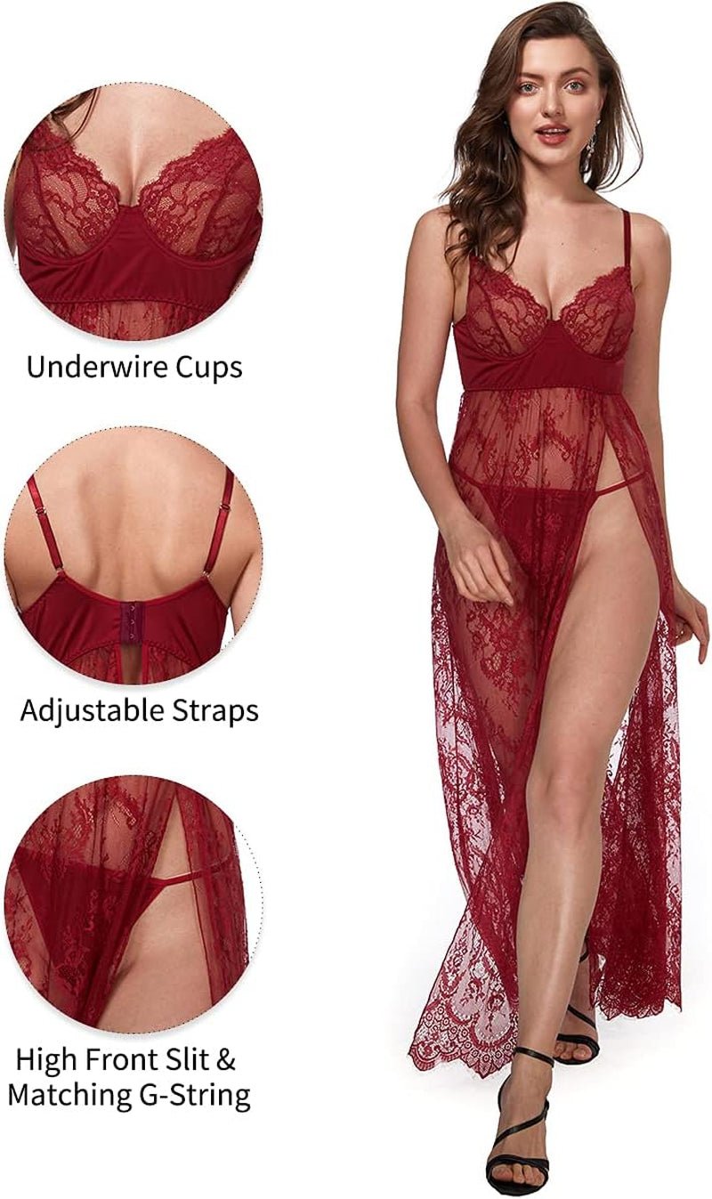 Lingerlove Women's Elegant Lace High Slit Maxi Gown with Underwire, Sheer Dress in Sizes S-4XL - thewrightstore
