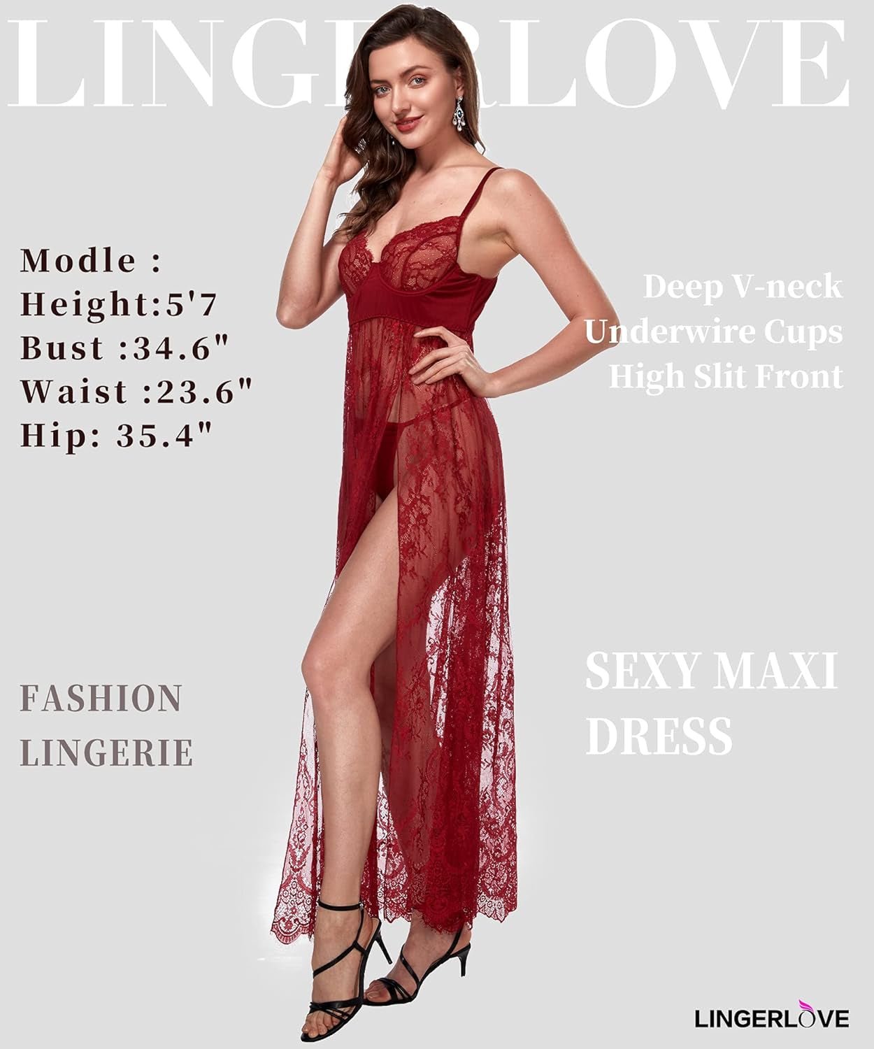 Lingerlove Women's Elegant Lace High Slit Maxi Gown with Underwire, Sheer Dress in Sizes S-4XL - thewrightstore