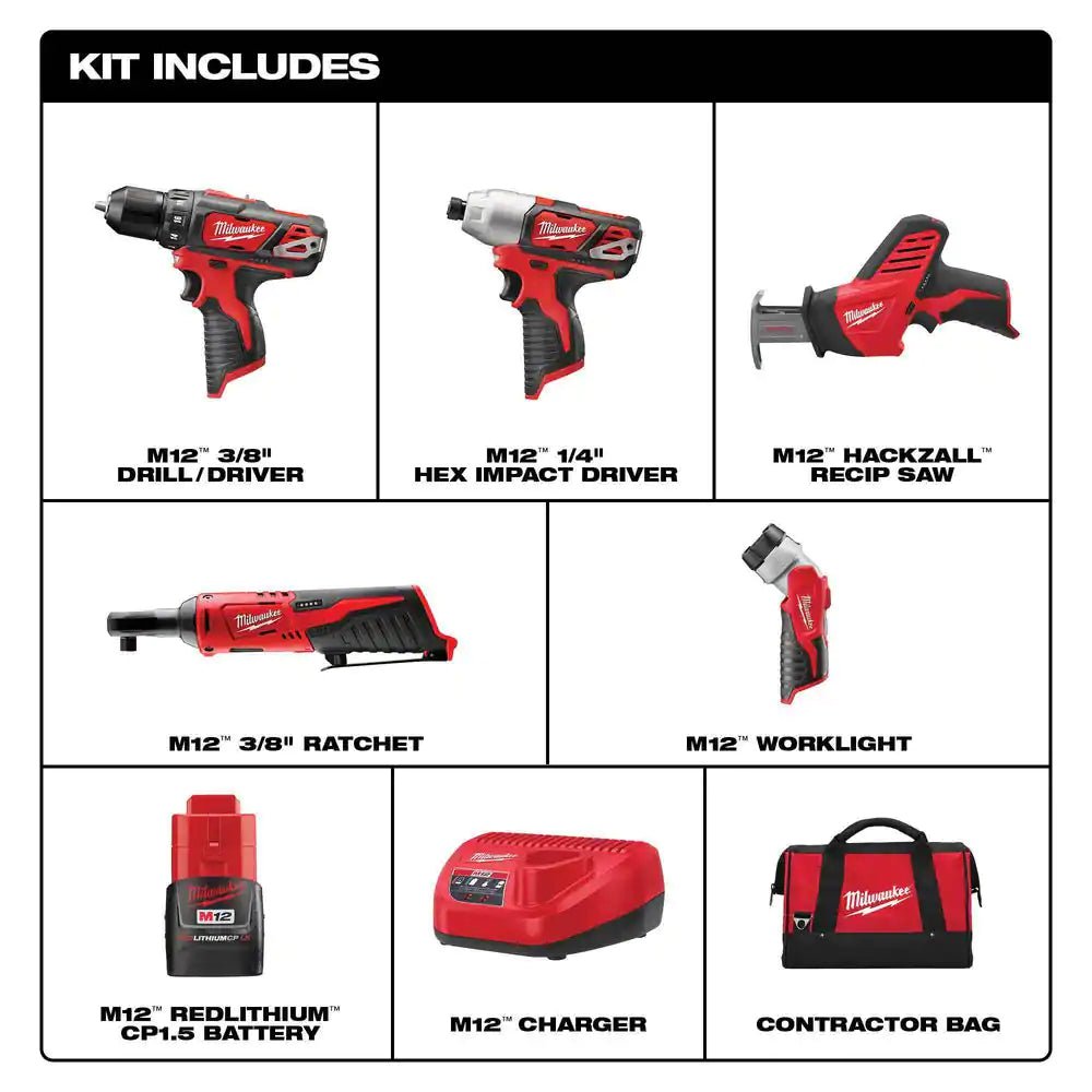 M12 12V Lithium - Ion Cordless Combo Kit (5 - Tool) with Two 1.5 Ah Batteries, Charger and Tool Bag - thewrightstore