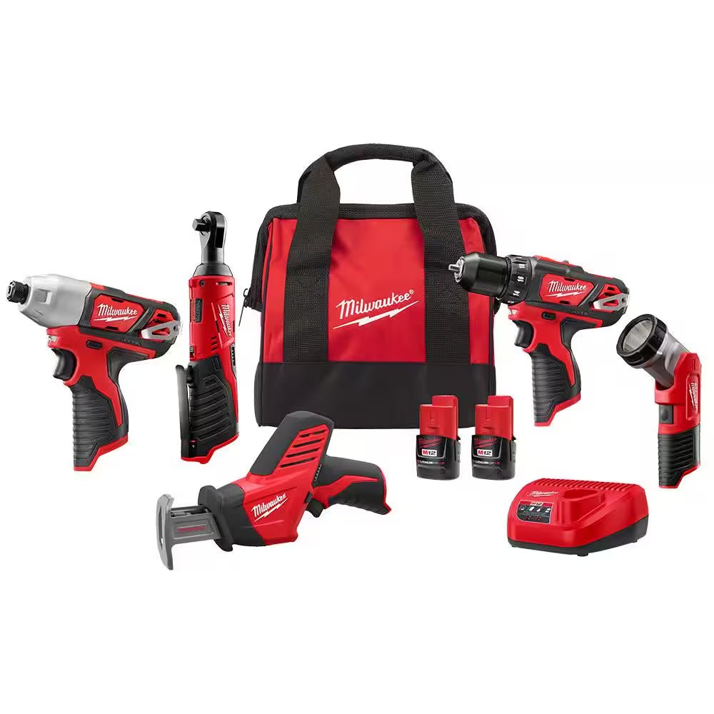 M12 12V Lithium - Ion Cordless Combo Kit (5 - Tool) with Two 1.5 Ah Batteries, Charger and Tool Bag - thewrightstore