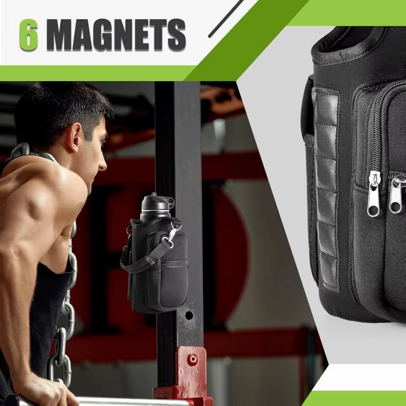 Magnetic Water Bottle Holder Gym Water Bottle Carrier Bag W/ Phone Pocket Handle Shoulder Strap 6 Built - In Magnets Water Bottle - thewrightstore