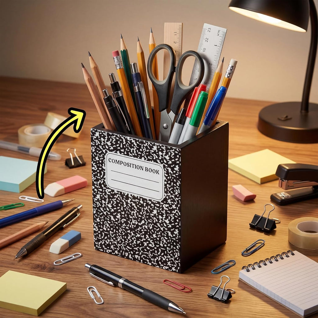 MALLMALL6 Wooden Pencil Holder - Stylish Notebook-Shaped Desk Organizer for Teachers and Students, Ideal for Classroom, Office, Home, and Dorm Use - thewrightstore