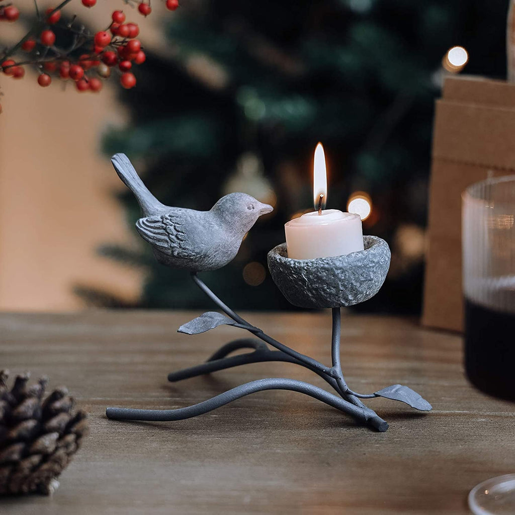 Marbrasse Vintage - Inspired Votive Candle Holders - Iron Branch Design with Resin Bird and Nest, Elegant Tabletop Tealight Stands in Grey and Black - thewrightstore