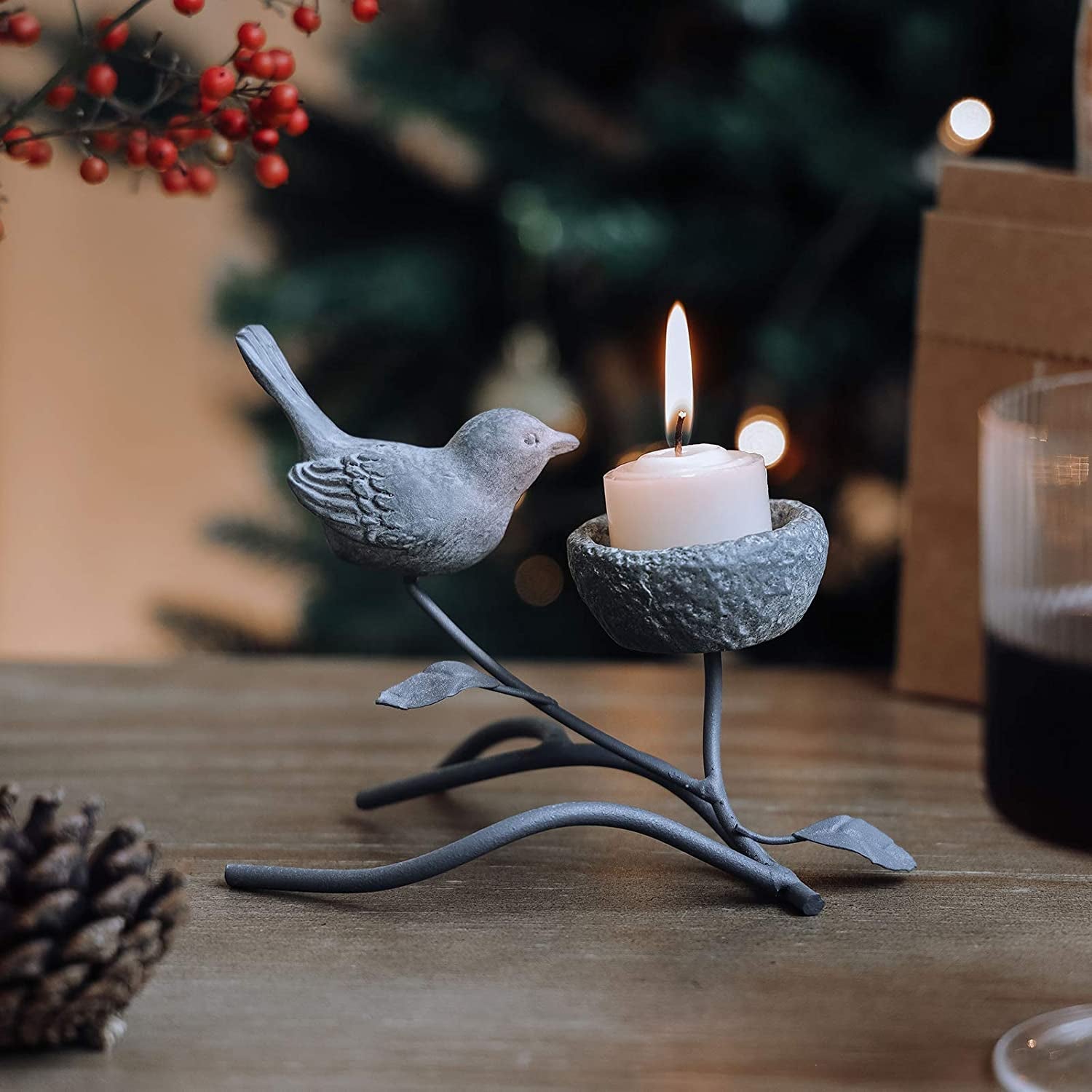Marbrasse Vintage - Inspired Votive Candle Holders - Iron Branch Design with Resin Bird and Nest, Elegant Tabletop Tealight Stands in Grey and Black - thewrightstore