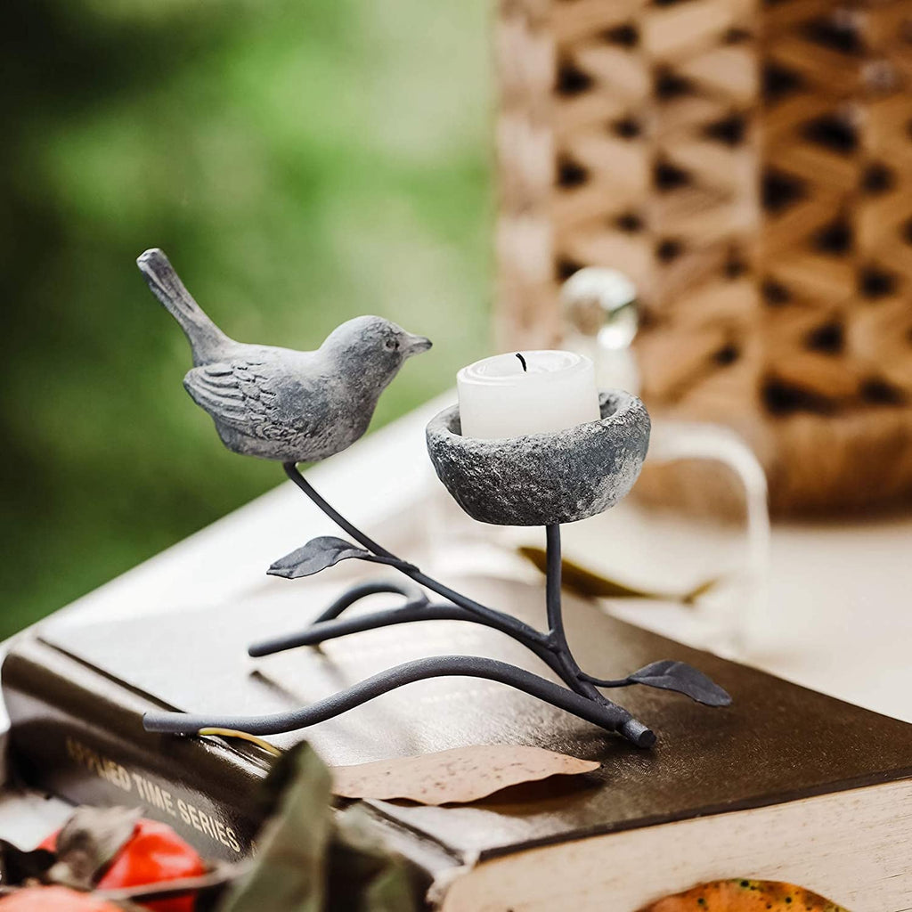 Marbrasse Vintage - Inspired Votive Candle Holders - Iron Branch Design with Resin Bird and Nest, Elegant Tabletop Tealight Stands in Grey and Black - thewrightstore