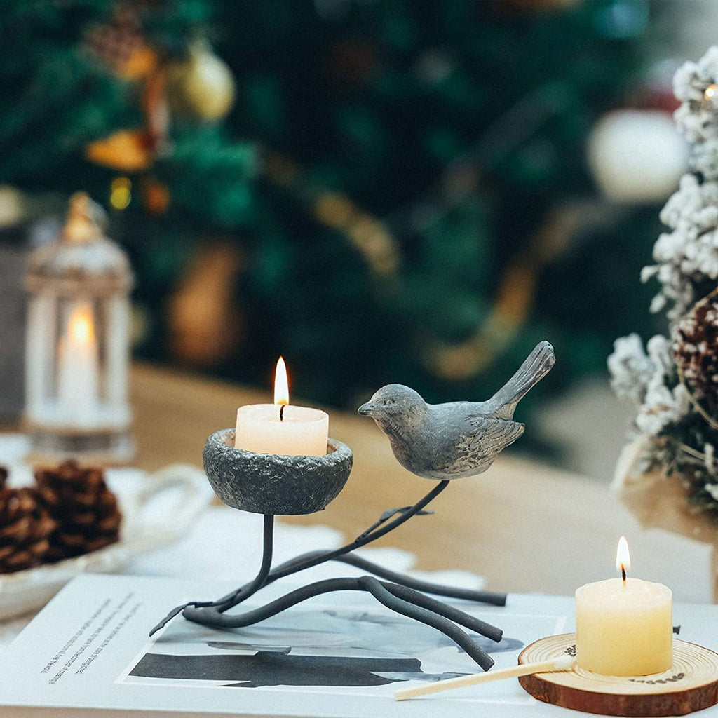 Marbrasse Vintage - Inspired Votive Candle Holders - Iron Branch Design with Resin Bird and Nest, Elegant Tabletop Tealight Stands in Grey and Black - thewrightstore