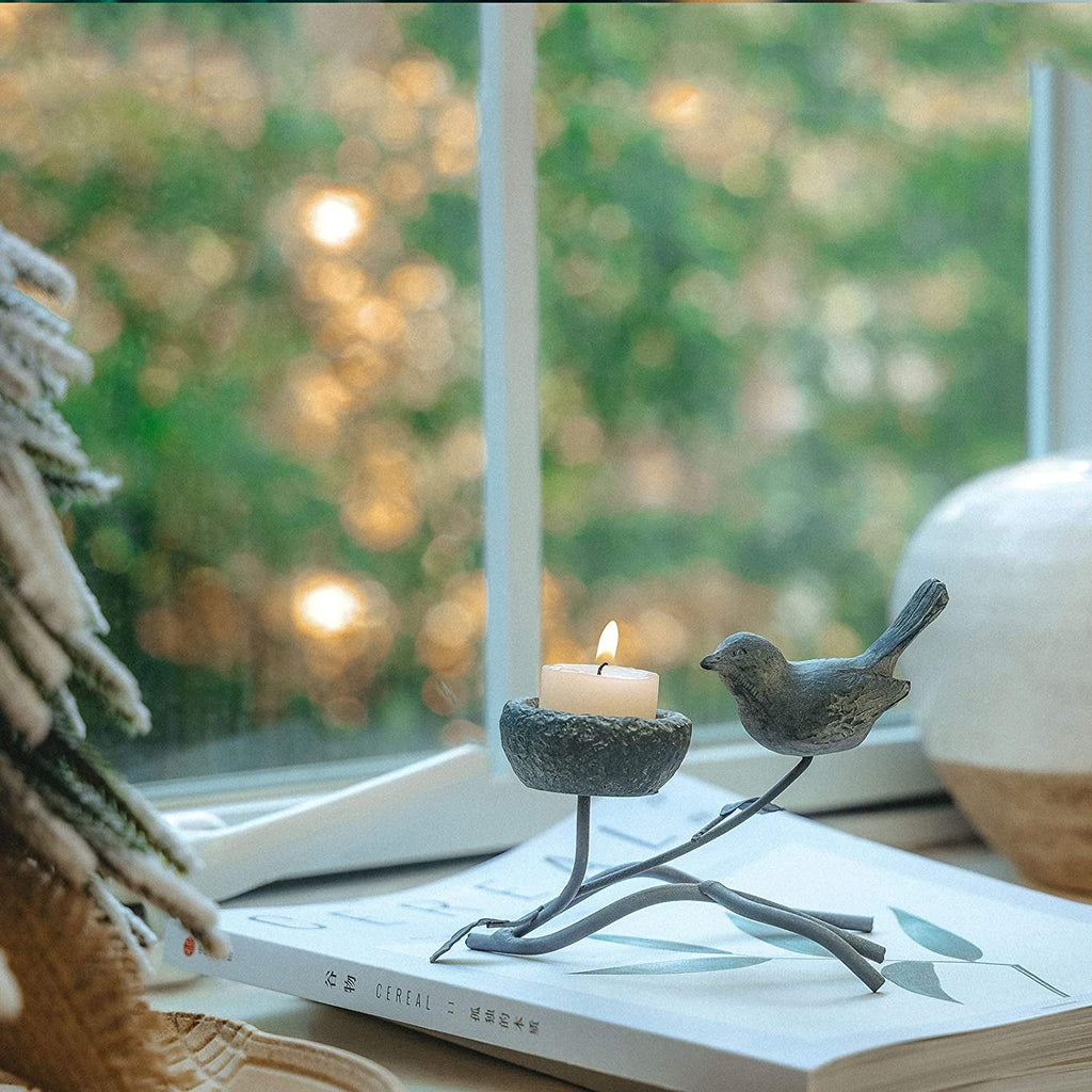 Marbrasse Vintage - Inspired Votive Candle Holders - Iron Branch Design with Resin Bird and Nest, Elegant Tabletop Tealight Stands in Grey and Black - thewrightstore