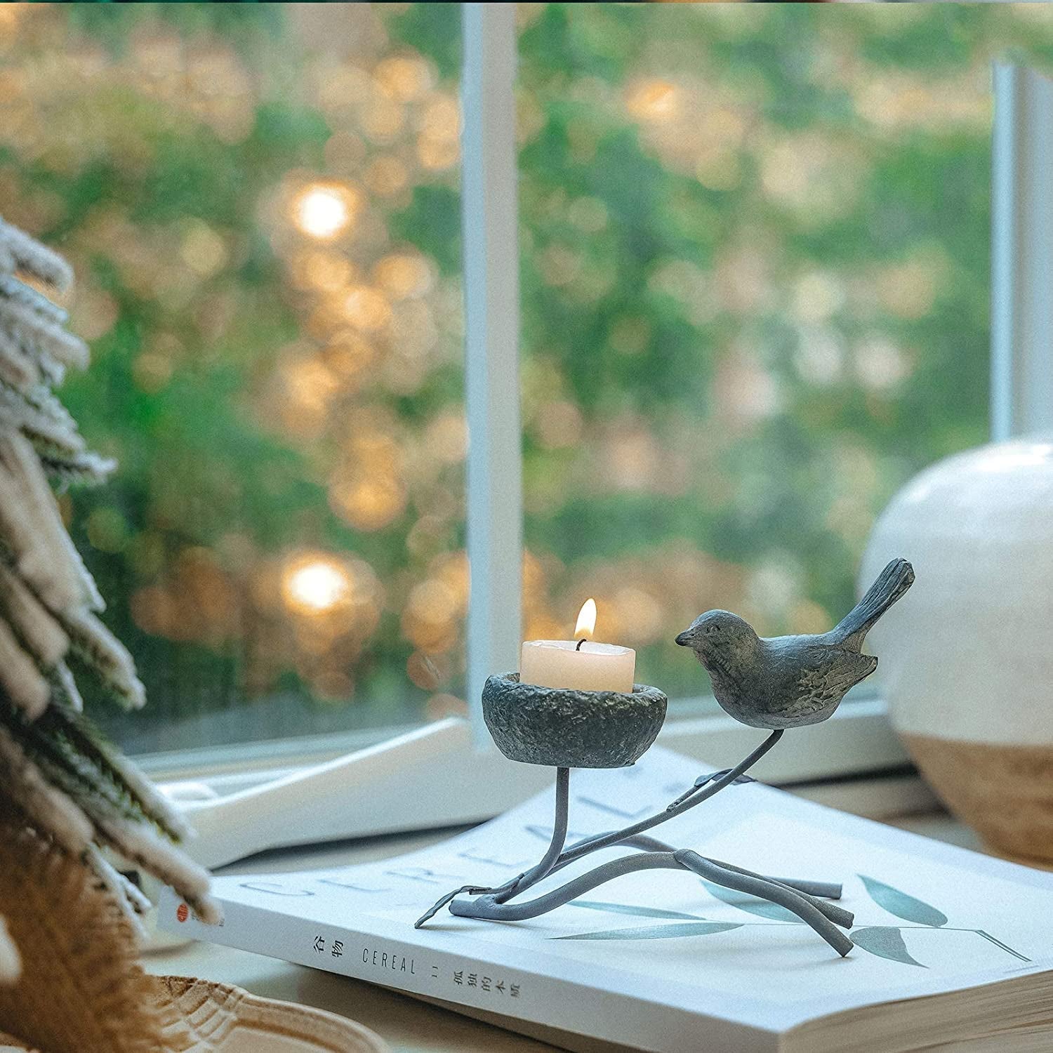 Marbrasse Vintage - Inspired Votive Candle Holders - Iron Branch Design with Resin Bird and Nest, Elegant Tabletop Tealight Stands in Grey and Black - thewrightstore