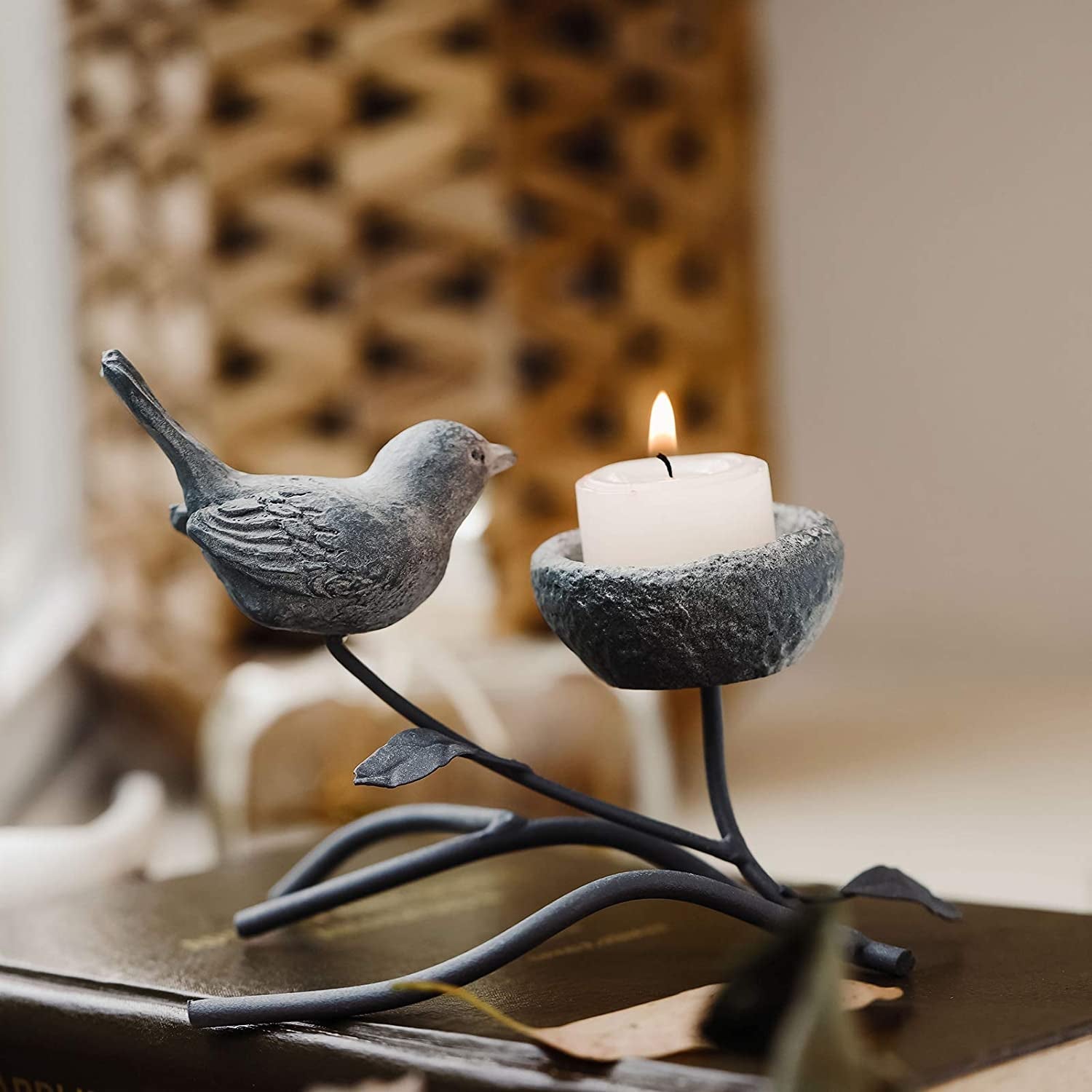 Marbrasse Vintage - Inspired Votive Candle Holders - Iron Branch Design with Resin Bird and Nest, Elegant Tabletop Tealight Stands in Grey and Black - thewrightstore