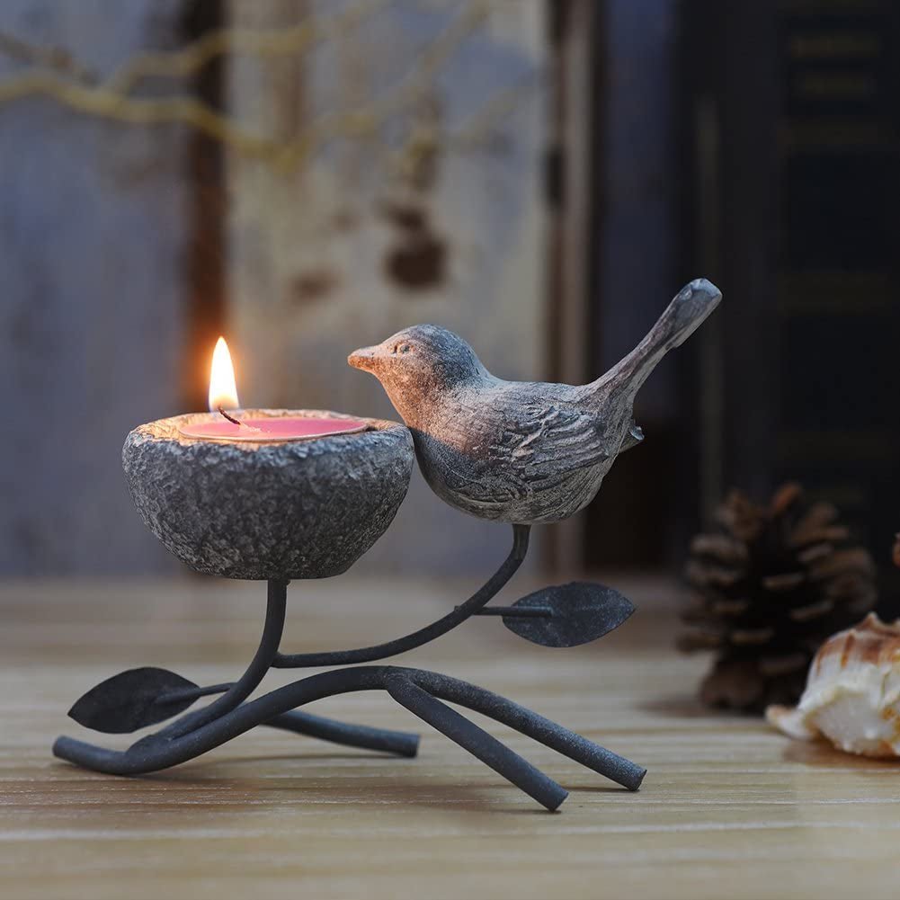 Marbrasse Vintage - Inspired Votive Candle Holders - Iron Branch Design with Resin Bird and Nest, Elegant Tabletop Tealight Stands in Grey and Black - thewrightstore