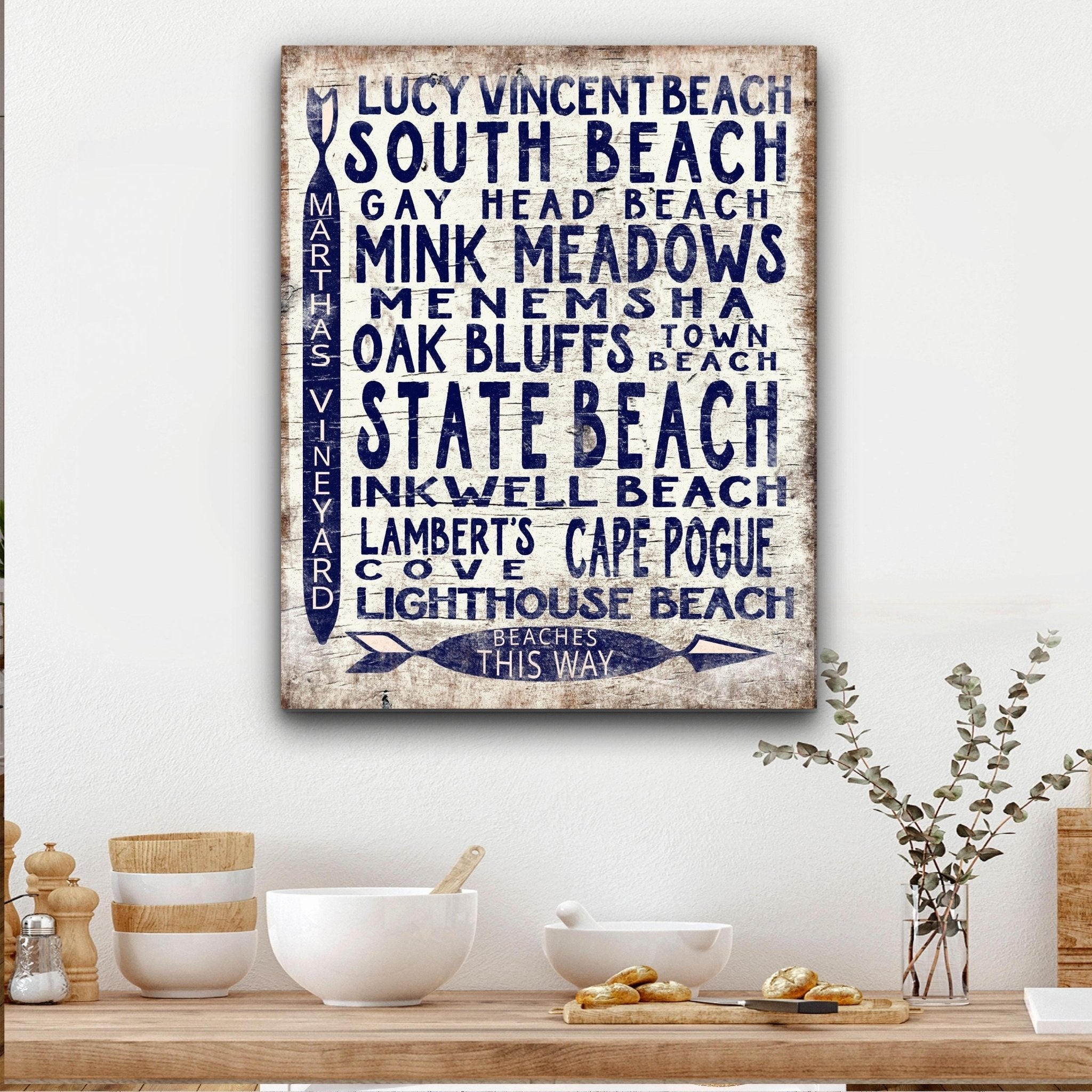 Martha's Vineyard Beaches Sign - Vintage Wood Look Vineyard Arrow Sign - thewrightstore