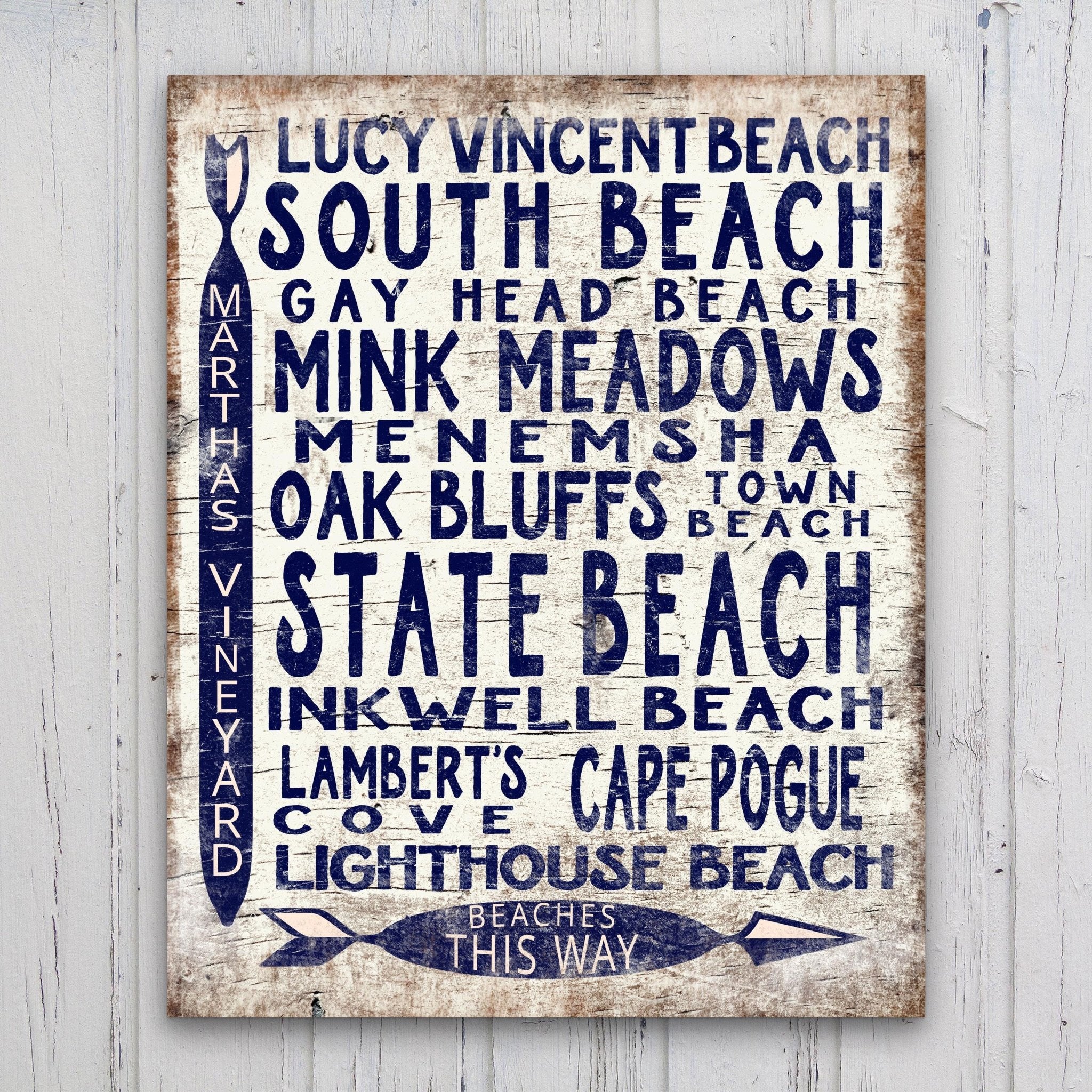 Martha's Vineyard Beaches Sign - Vintage Wood Look Vineyard Arrow Sign - thewrightstore