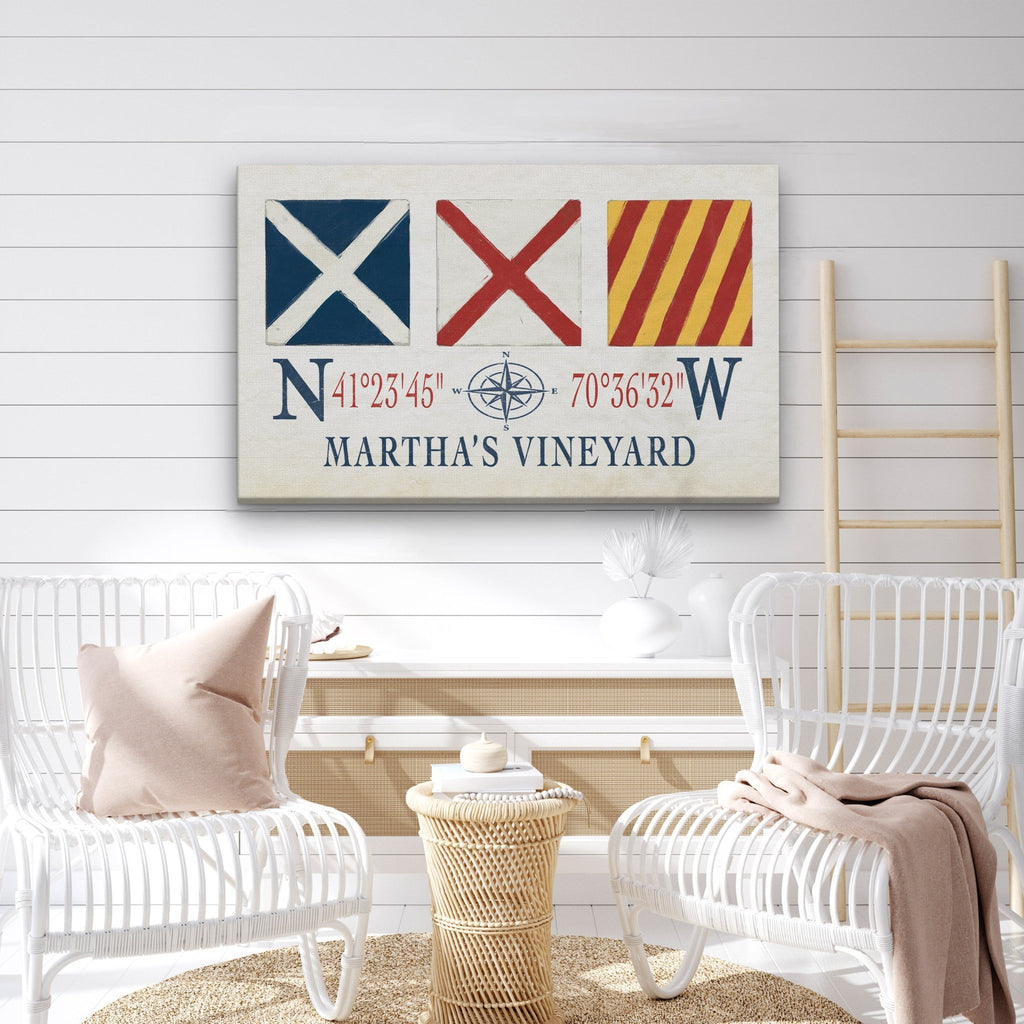 Marthas Vineyard Canvas Print - Nautical Signal Flags & Coordinates - thewrightstore