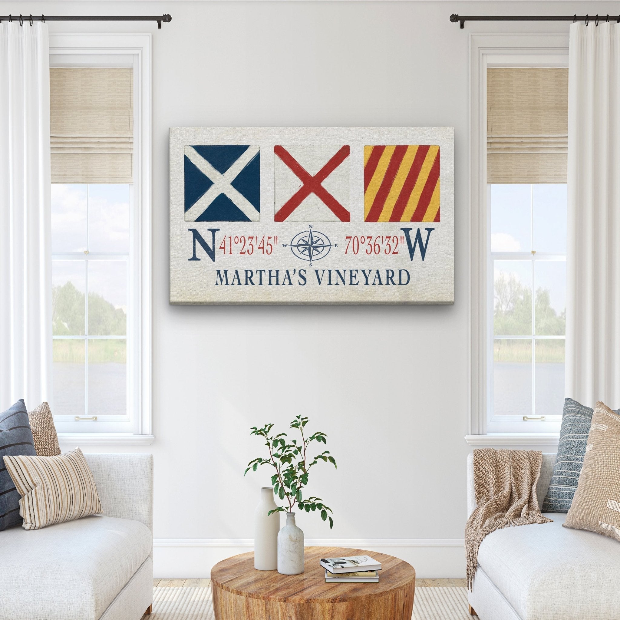 Marthas Vineyard Canvas Print - Nautical Signal Flags & Coordinates - thewrightstore