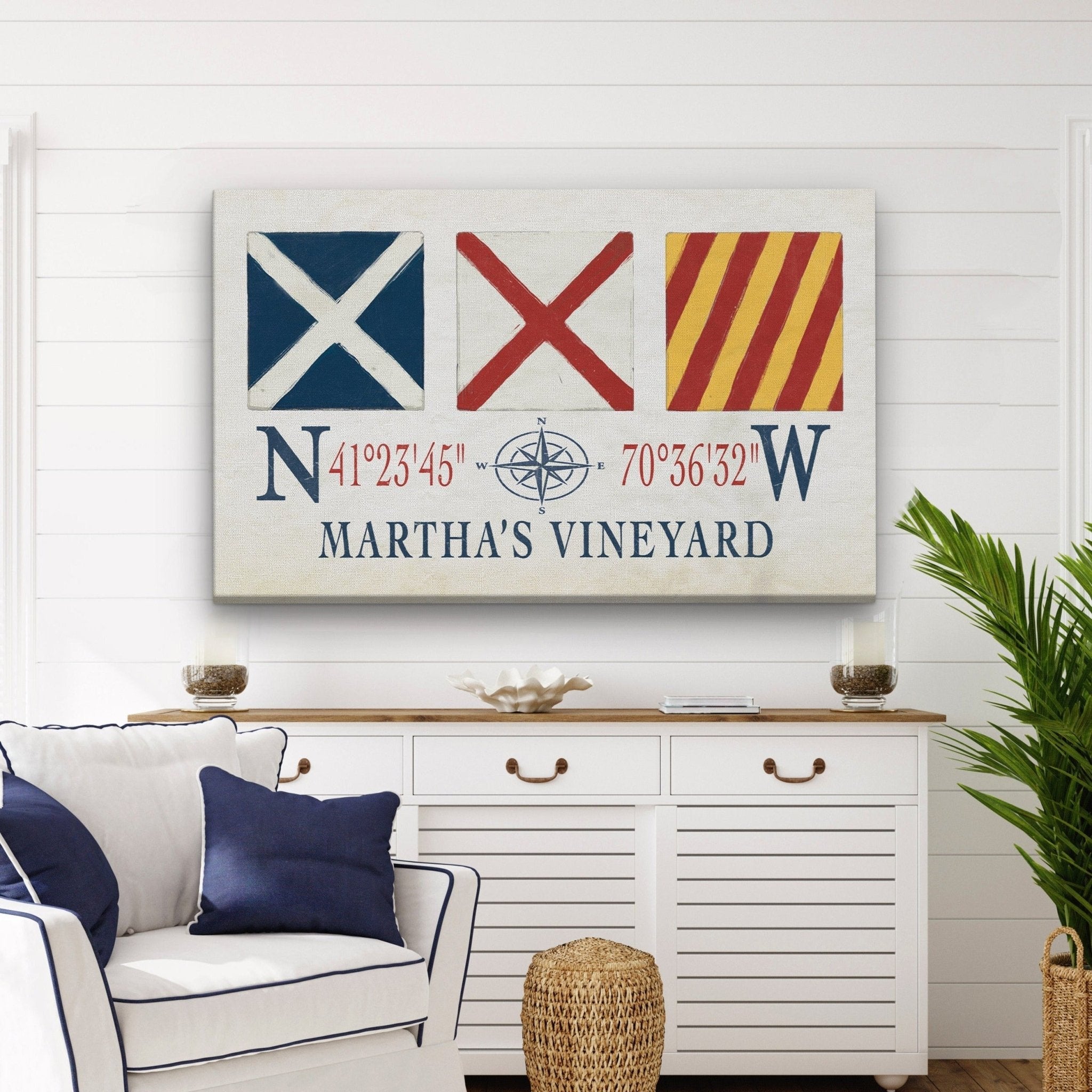 Marthas Vineyard Canvas Print - Nautical Signal Flags & Coordinates - thewrightstore