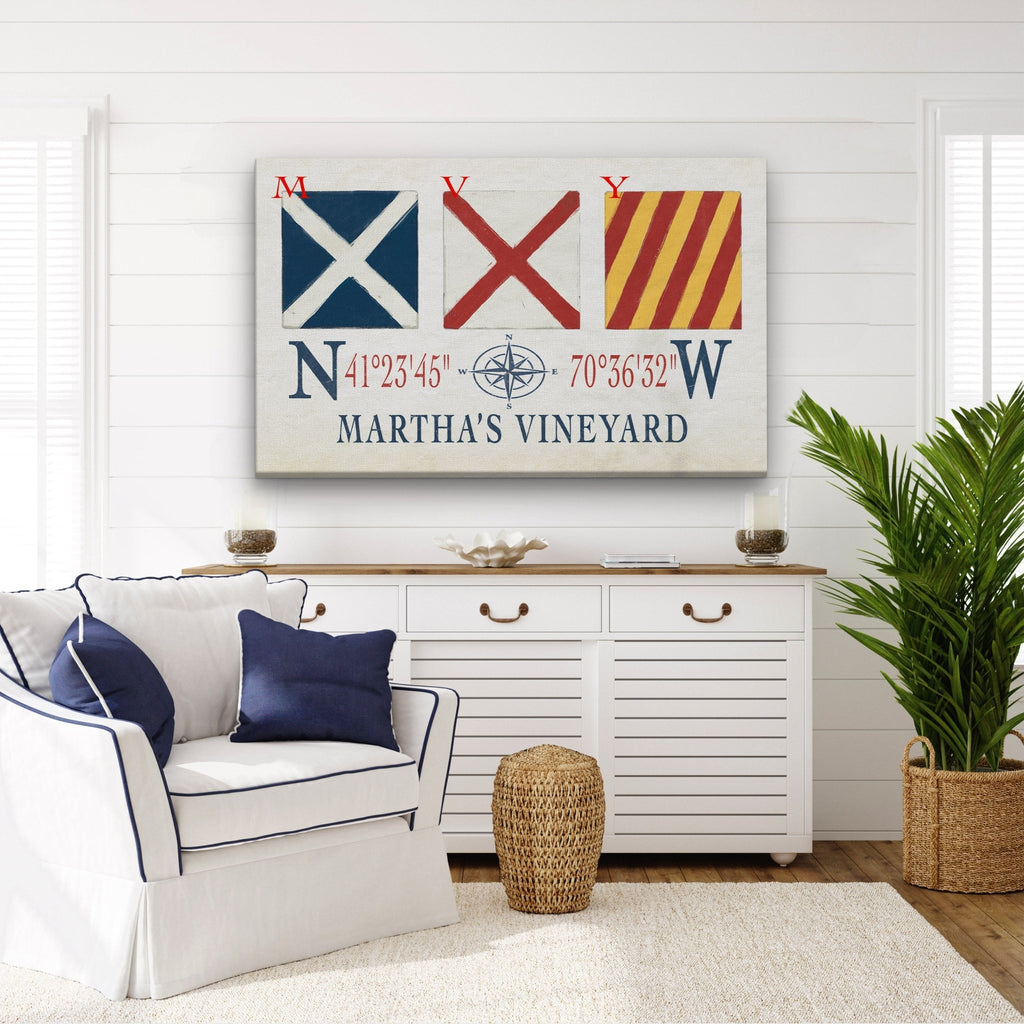 Marthas Vineyard Canvas Print - Nautical Signal Flags & Coordinates - thewrightstore