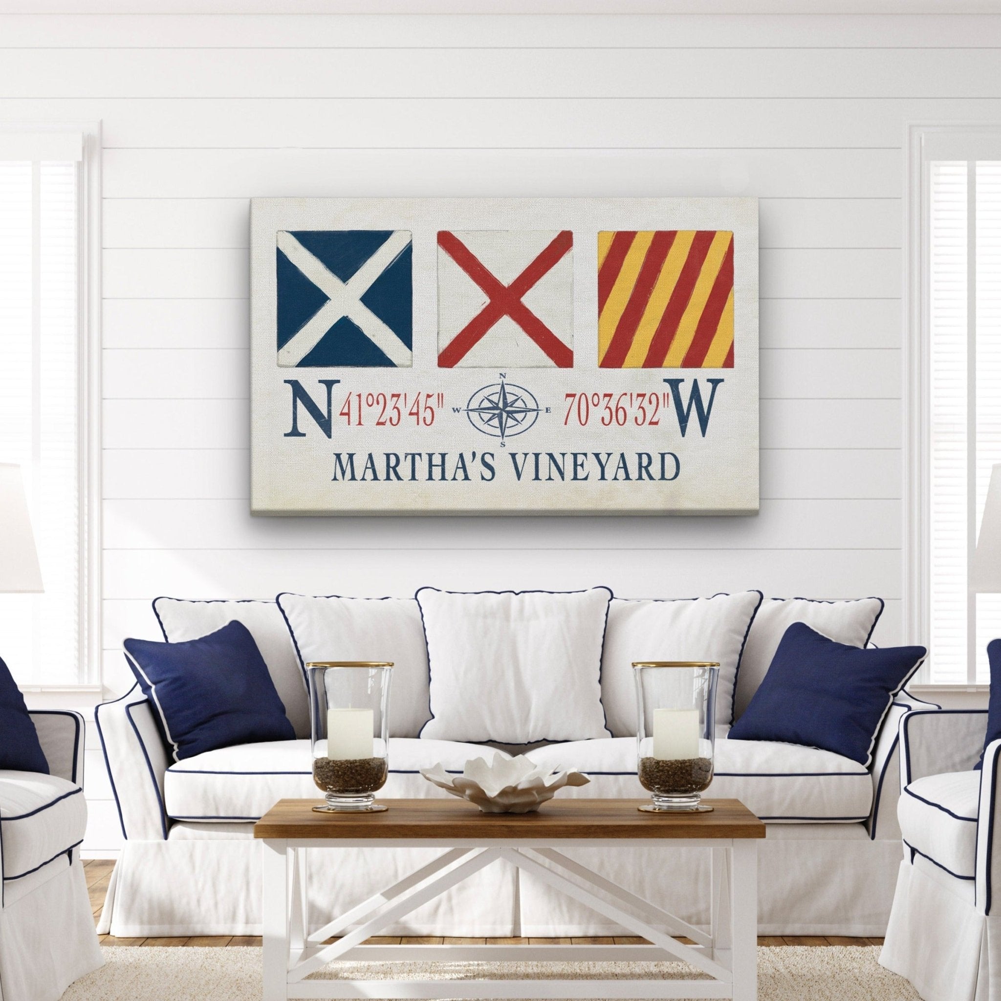 Marthas Vineyard Canvas Print - Nautical Signal Flags & Coordinates - thewrightstore