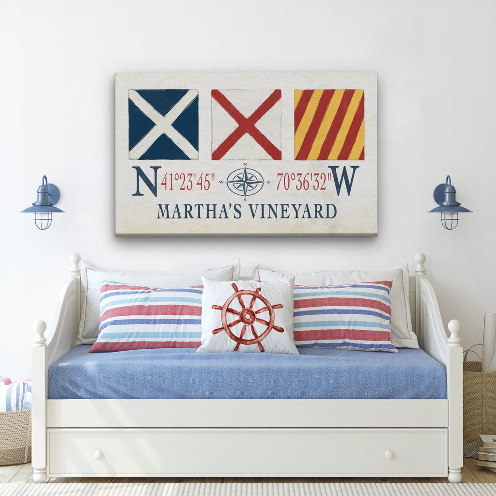 Marthas Vineyard Canvas Print - Nautical Signal Flags & Coordinates - thewrightstore
