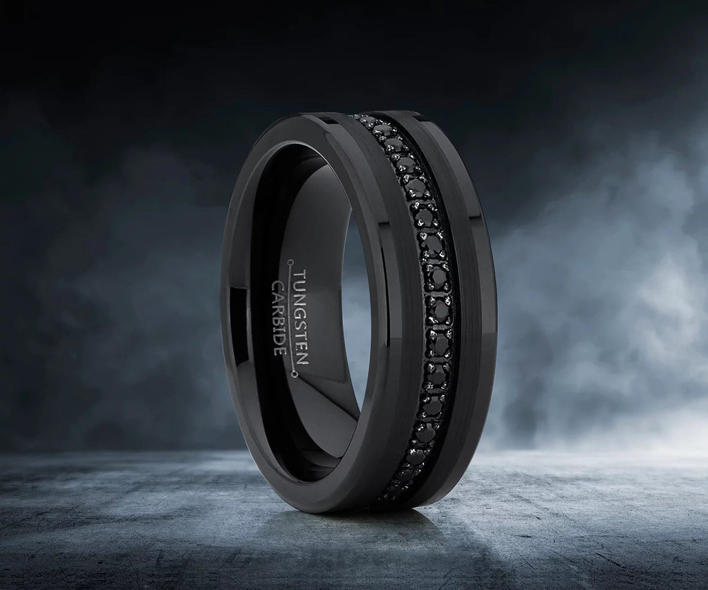 Mens Genuine Tungsten Black Wedding Band Eternity Ring Cubic Zirconia Comfort - Fit - thewrightstore