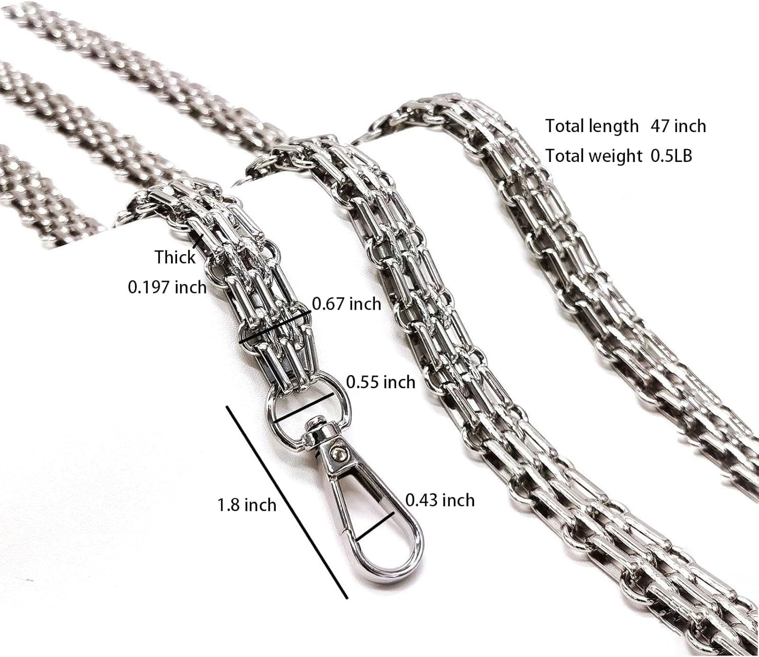 Metal Wide Chunky Crossbody Purse Strap Chain Replacement for Handbags - Silver, 47"/120cm - thewrightstore