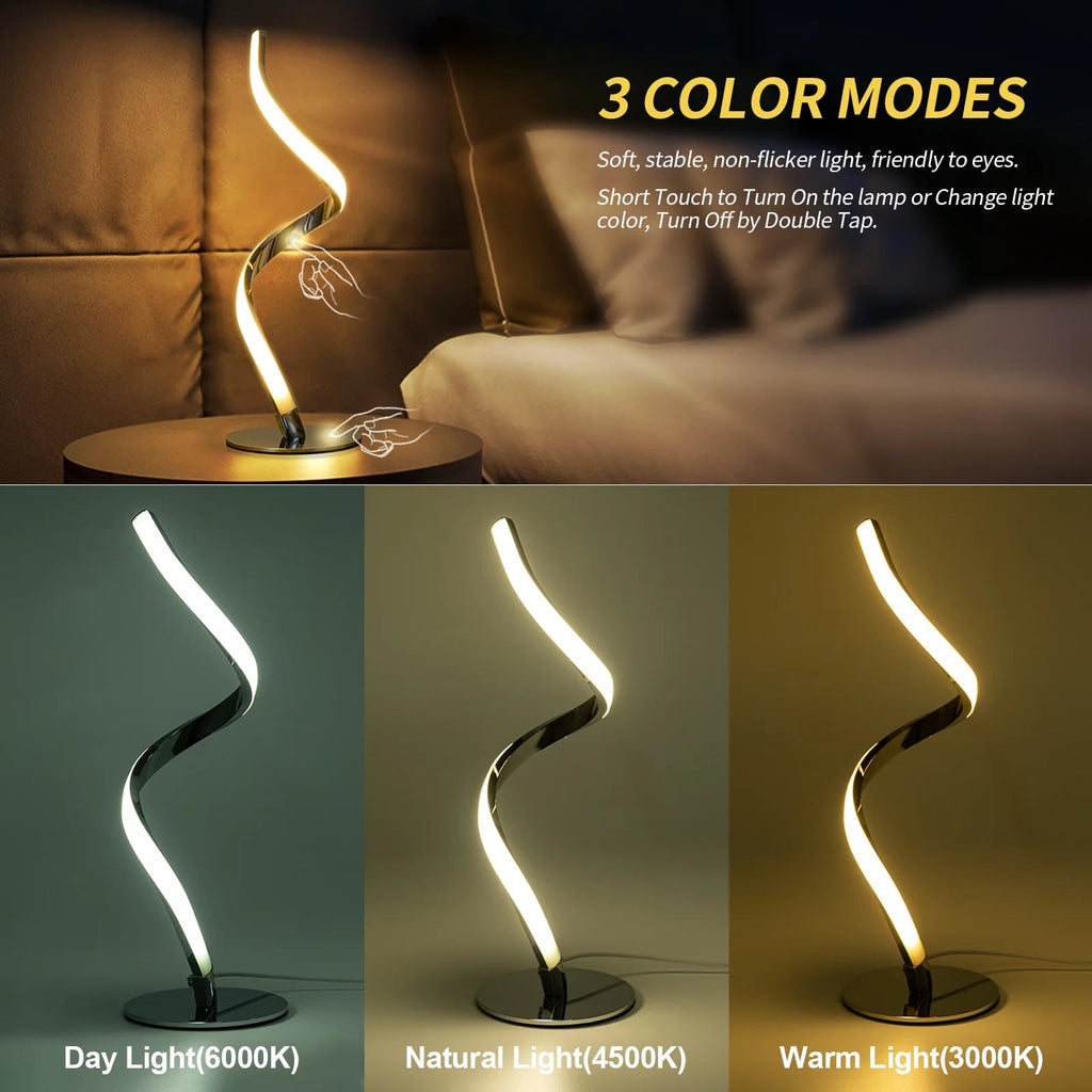 Modern Spiral Table Lamp - Touch Control Bedside Lamp, 3 Colors & Fully Stepless Dimmable Nightstand Lamps for Bedroom, Living Room & Office(3000K 4000K 5000K) - thewrightstore