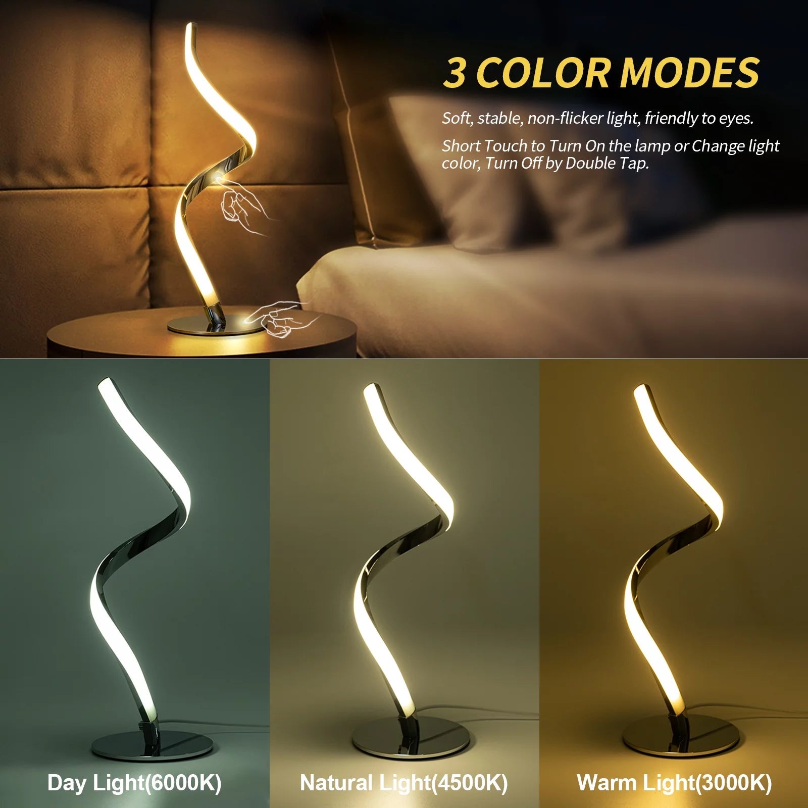 Modern Spiral Table Lamp - Touch Control Bedside Lamp, 3 Colors & Fully Stepless Dimmable Nightstand Lamps for Bedroom, Living Room & Office(3000K 4000K 5000K) - thewrightstore