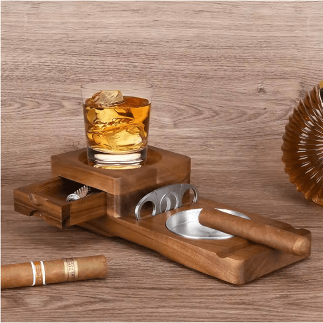 Multifunction Cigar & Whiskey Gift Set Stand with Ashtray and Drawer - thewrightstore