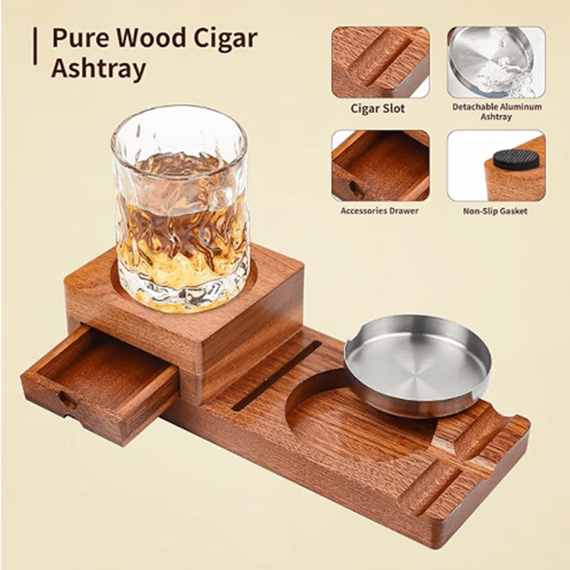 Multifunction Cigar & Whiskey Gift Set Stand with Ashtray and Drawer - thewrightstore