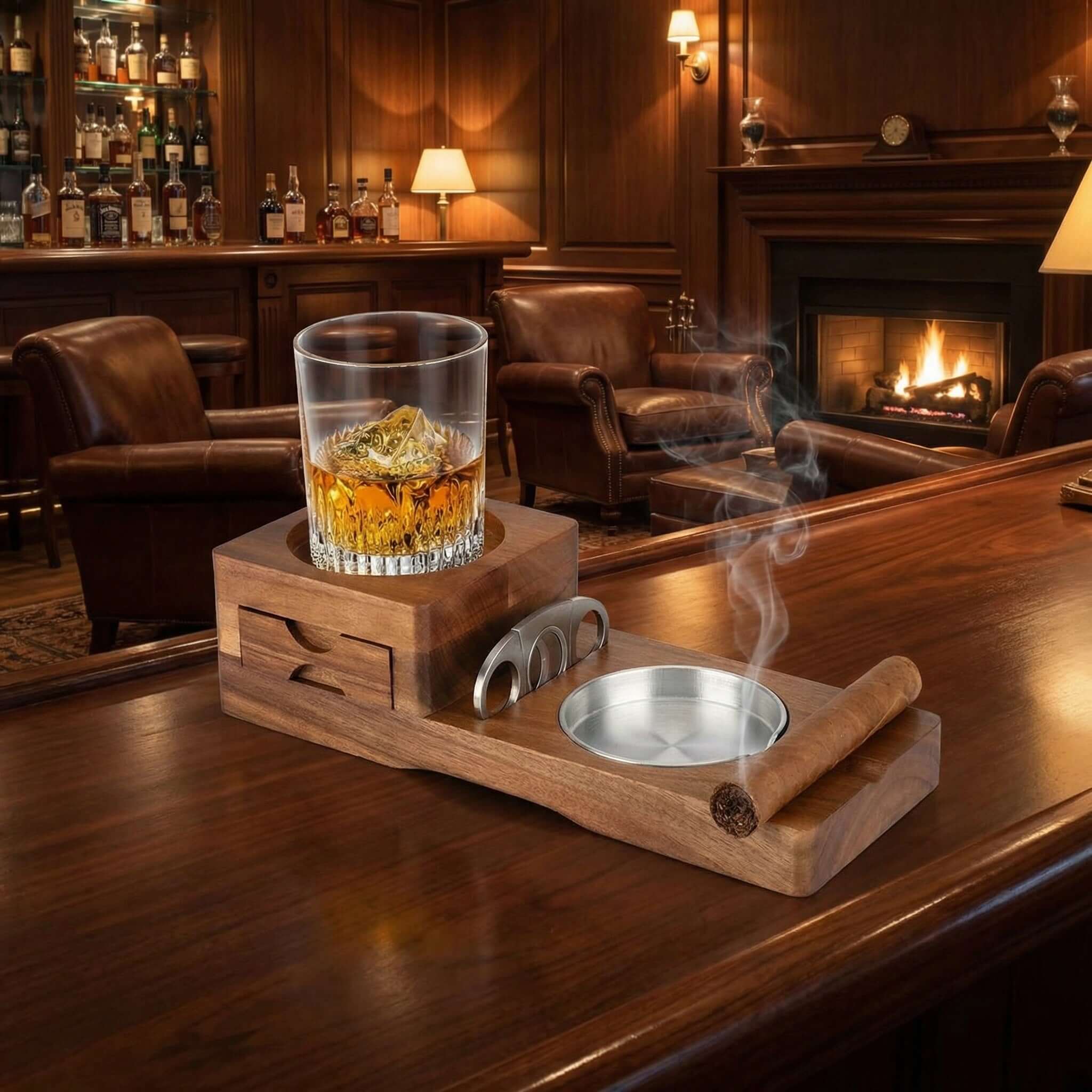 Multifunction Cigar & Whiskey Gift Set Stand with Ashtray and Drawer - thewrightstore