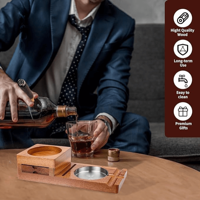 Multifunction Cigar & Whiskey Gift Set Stand with Ashtray and Drawer - thewrightstore