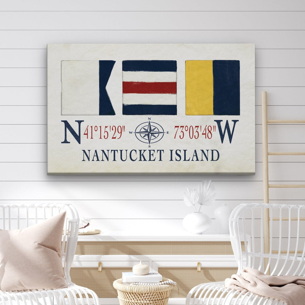 Nantucket Sign With Latitude Longitude Coordinates and ACK Maritime Flags - thewrightstore