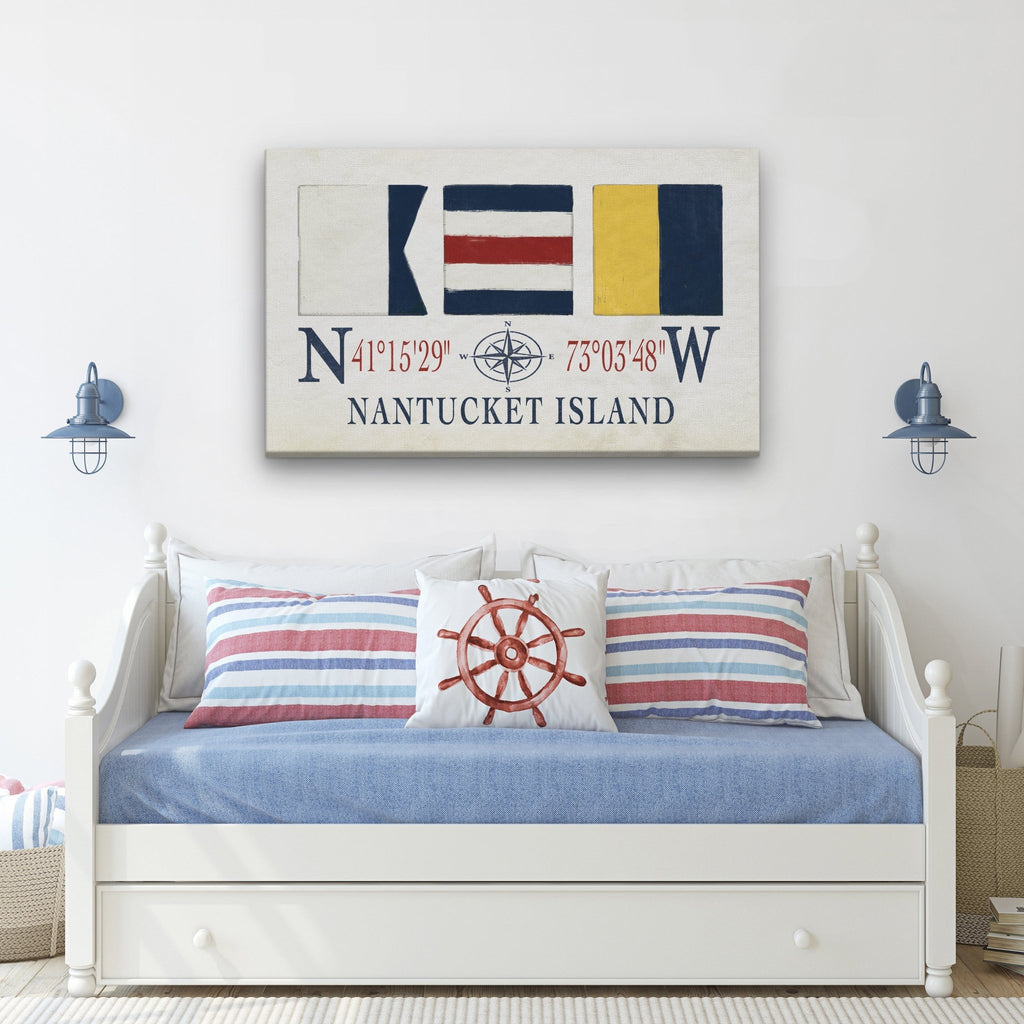 Nantucket Sign With Latitude Longitude Coordinates and ACK Maritime Flags - thewrightstore