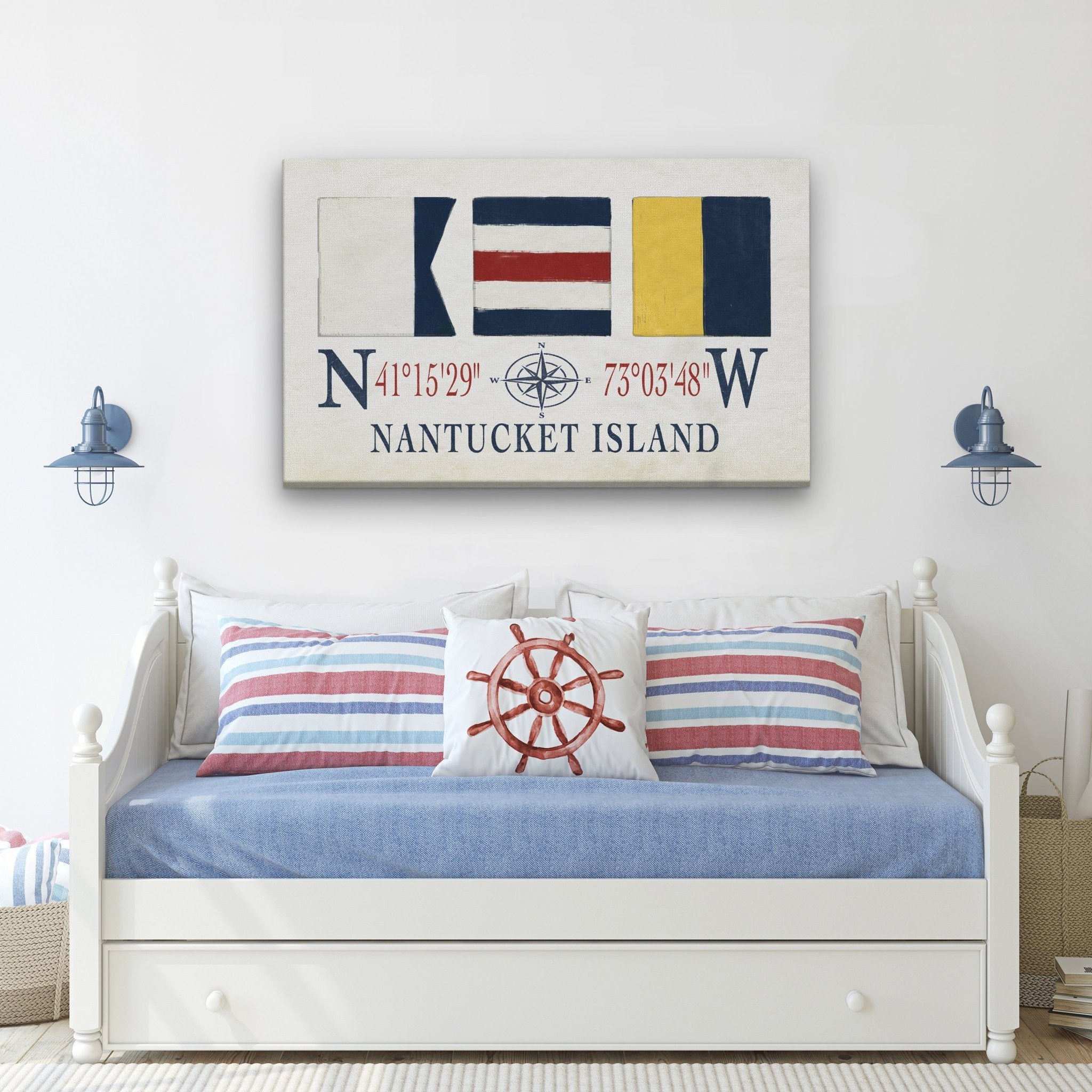 Nantucket Sign With Latitude Longitude Coordinates and ACK Maritime Flags - thewrightstore