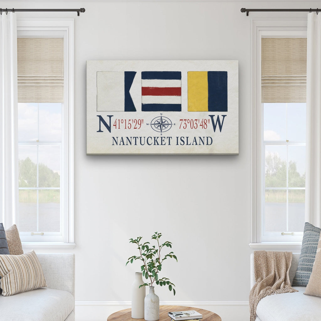 Nantucket Sign With Latitude Longitude Coordinates and ACK Maritime Flags - thewrightstore