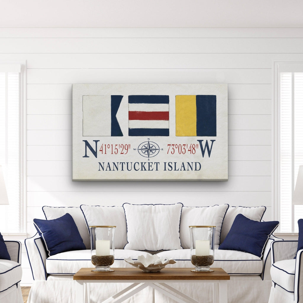 Nantucket Sign With Latitude Longitude Coordinates and ACK Maritime Flags - thewrightstore