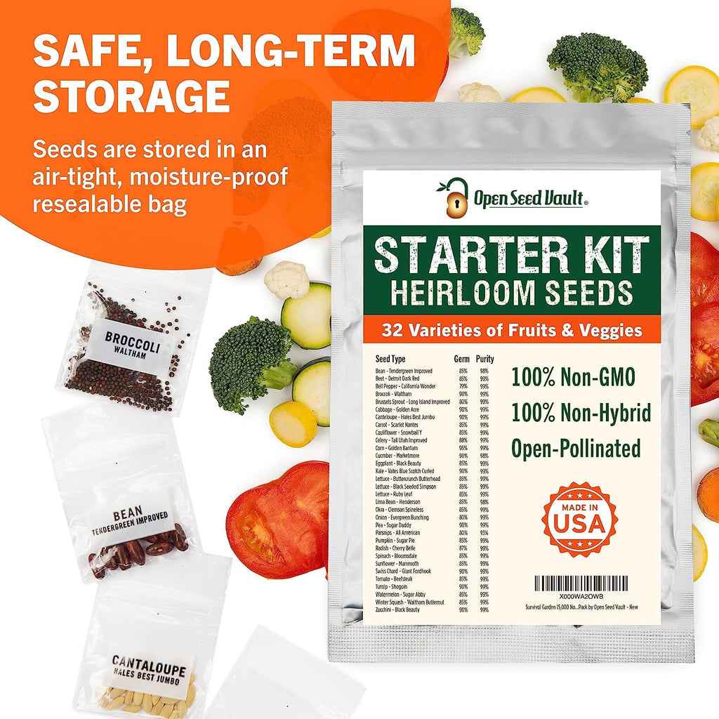 Open Seed Vault - 15,000 Heirloom Seeds Across 32 Varieties for Survival Gardening - Non-GMO Vegetable and Fruit Seeds for 2026 Season - Suitable for Indoor and Outdoor Planting - thewrightstore