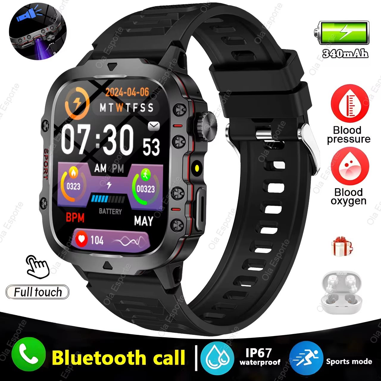 Original Men Smartwatch Flashlight Bluetooth Call Fitness Clock IP68 Waterproof Sports Men for Android IOS Smart Watch 2025.