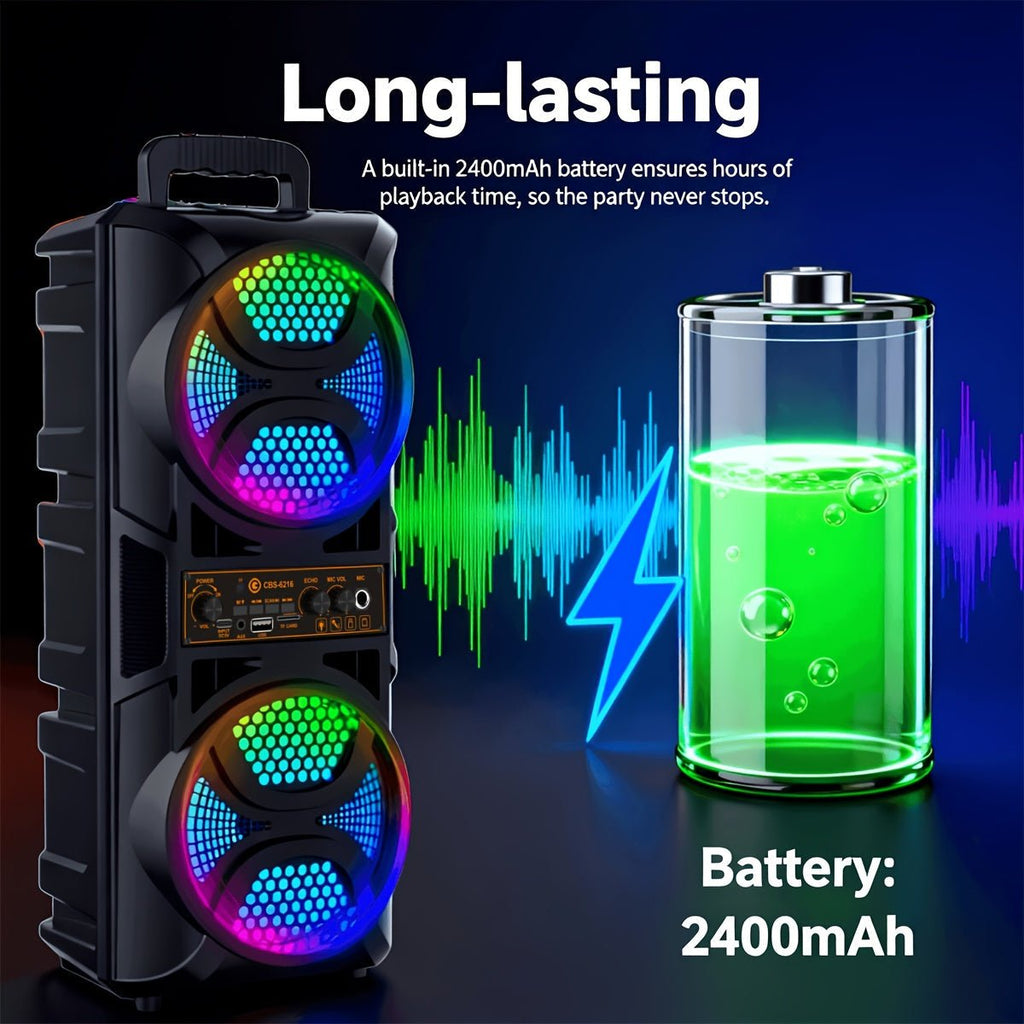 Portable Bluetooth Speaker with Subwoofer Bass, Dual 6.5" LED Woofers and Microphone - thewrightstore