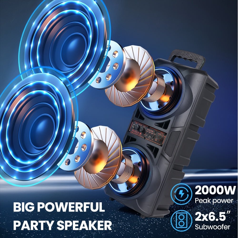 Portable Bluetooth Speaker with Subwoofer Bass, Dual 6.5" LED Woofers and Microphone - thewrightstore