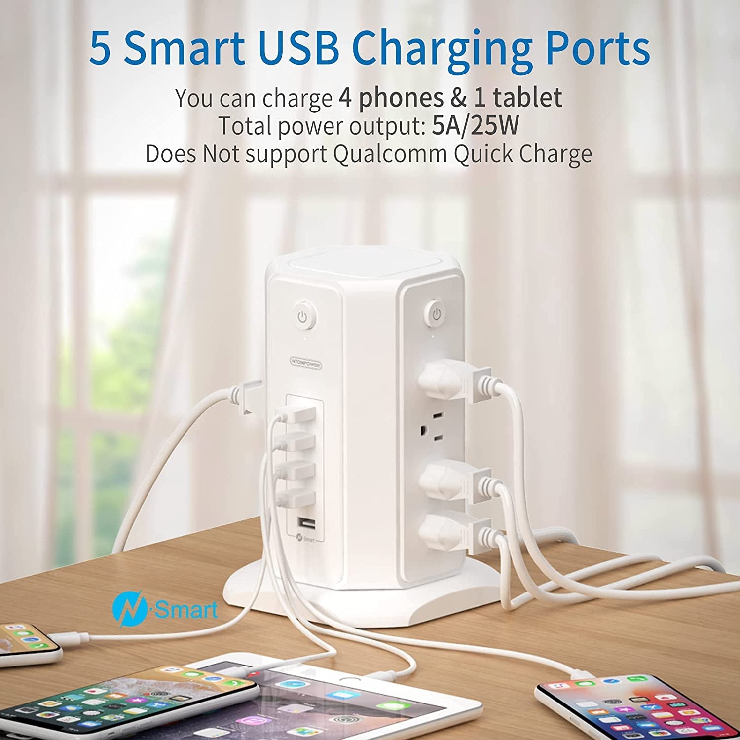 Power Strip Tower Surge Protector, 8 Outlet 5 USB Desktop Charging Station 1625W 13A, 6Ft Extension Cord Flat Plug.