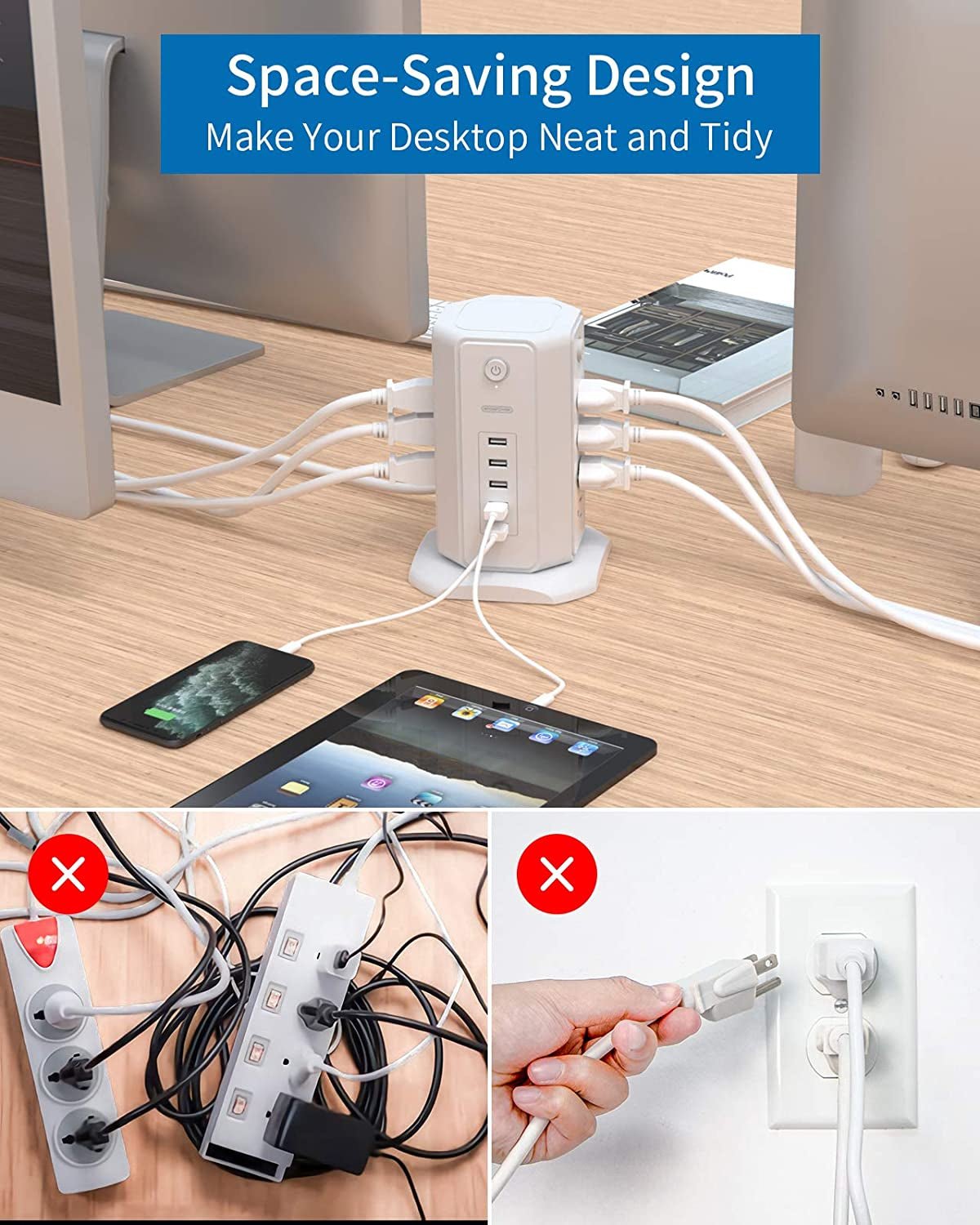Power Strip Tower Surge Protector, 8 Outlet 5 USB Desktop Charging Station 1625W 13A, 6Ft Extension Cord Flat Plug.