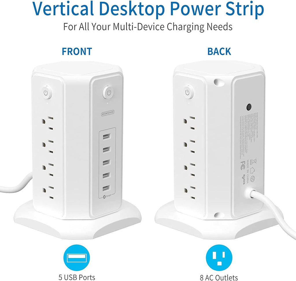 Power Strip Tower Surge Protector, 8 Outlet 5 USB Desktop Charging Station 1625W 13A, 6Ft Extension Cord Flat Plug.