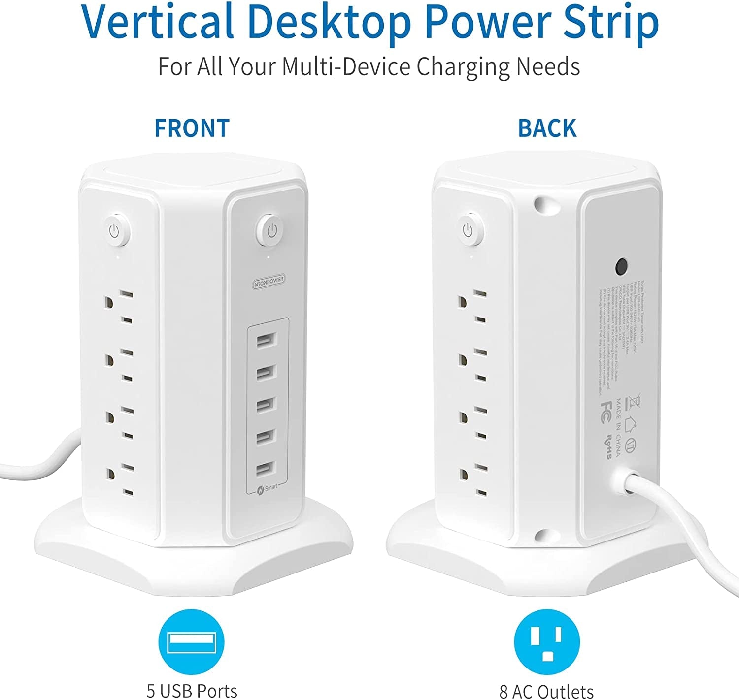 Power Strip Tower Surge Protector, 8 Outlet 5 USB Desktop Charging Station 1625W 13A, 6Ft Extension Cord Flat Plug.