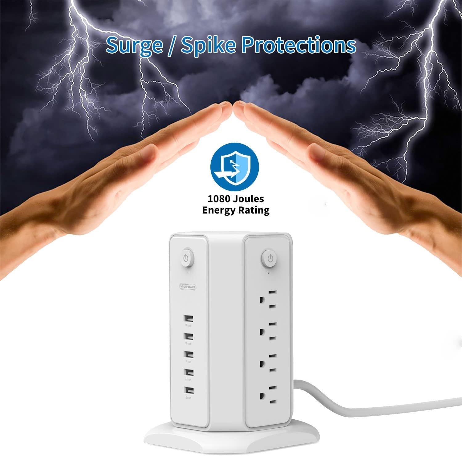 Power Strip Tower Surge Protector, 8 Outlet 5 USB Desktop Charging Station 1625W 13A, 6Ft Extension Cord Flat Plug.