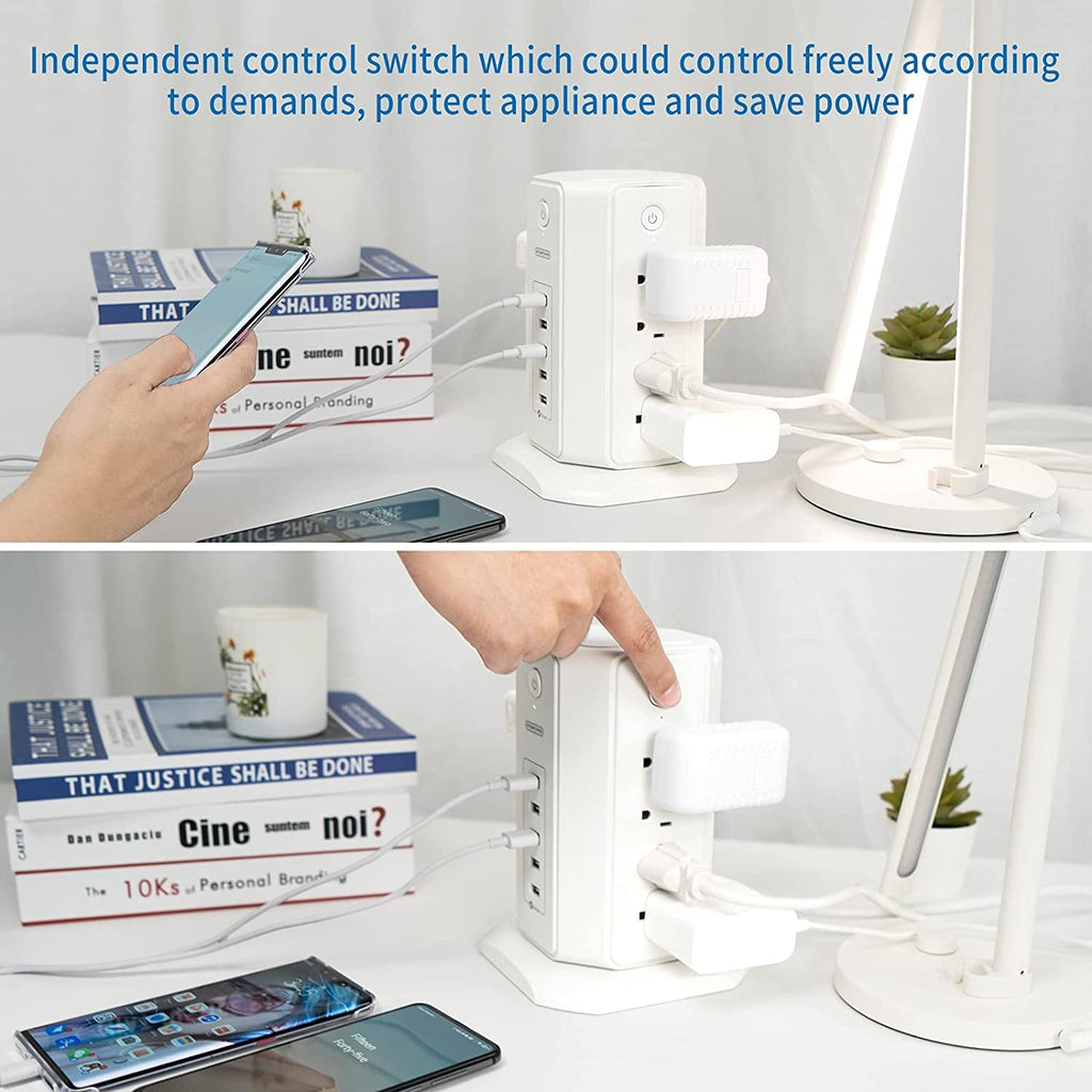 Power Strip Tower Surge Protector, 8 Outlet 5 USB Desktop Charging Station 1625W 13A, 6Ft Extension Cord Flat Plug.