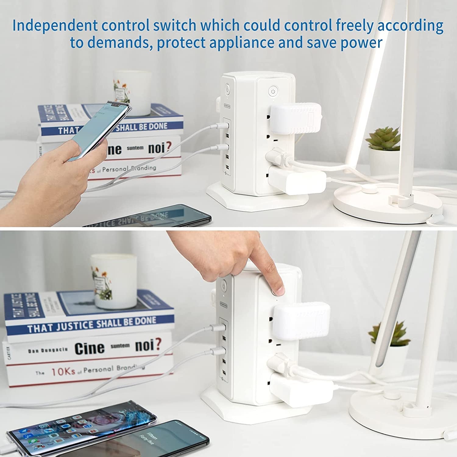 Power Strip Tower Surge Protector, 8 Outlet 5 USB Desktop Charging Station 1625W 13A, 6Ft Extension Cord Flat Plug.