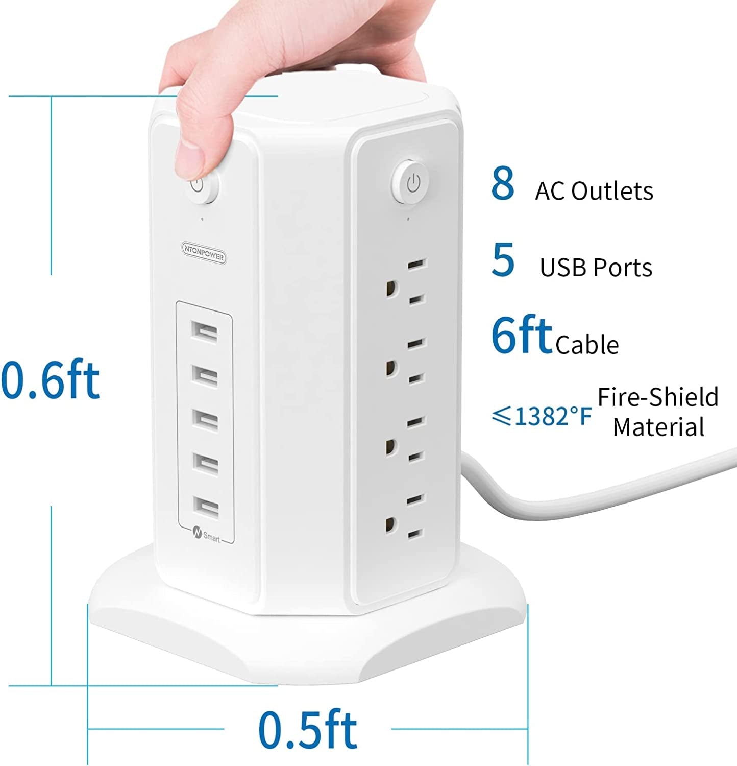 Power Strip Tower Surge Protector, 8 Outlet 5 USB Desktop Charging Station 1625W 13A, 6Ft Extension Cord Flat Plug.