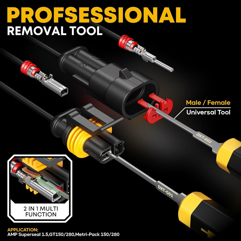 Professional Waterproof Automotive Electrical Connector Crimping Tool Kit with 1/2/3/4 Pin Plugs, Ratchet Crimper for 24–14 AWG Wires, Including Removal Tools for Car, Truck, RV, and Boat Wiring Harnesses - thewrightstore